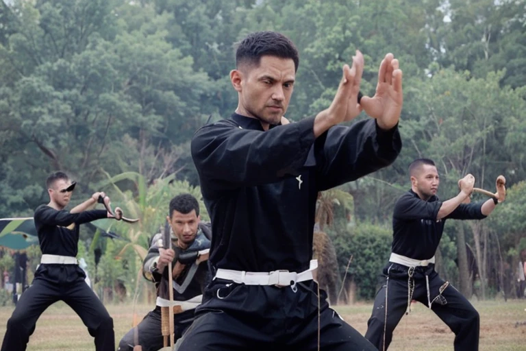 very detailed and realistic photo, HD quality, 4K, a man expert in traditional Javanese Indonesian martial arts. 50 years old, sturdy body slightly muscular, short black hair, position facing the camera, with a horse stance, right hand holding a shining sword and left hand clenched crossed in front of the chest, wearing a white t-shirt, black pants and traditional Javanese shoes, in a front of beautiful lake in the morning full of mystical nuances there is white smoke, behind the person's standing position there is an angry exotic dragon, showing the dragon moves demonstrated by the martial arts expert. A young Indonesian girl FACING THE CAMERA, appears, clean smooth skin, loose black hair with a red and white Indonesia Flag headband wearing a tight white t-shirt and sexy short bottoms wearing traditional Javanese Indonesian shoes sitting half cross-legged in front of the martial arts expert. There is a sign of Red White Indonesia Flag and clerly read " Silat Indonesia " ,make it in detail and very complicated and very clear, realistic and sharp.