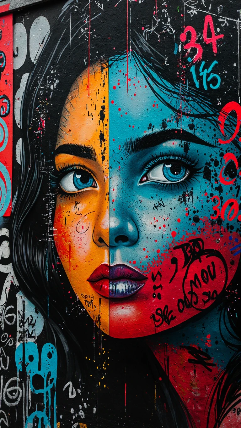 A surreal cyberpunk street art portrait of a woman with one half of her face in vivid detail — turquoise eye, red lips — while the other half is abstract and chaotic, covered with layered numbers, bold graffiti, paint splashes, and digital glitch textures. The artwork is in vertical format with a strong collage style, featuring neon blue, orange, red, and grayscale tones, blending realism and graffiti elements like a painted urban wall.