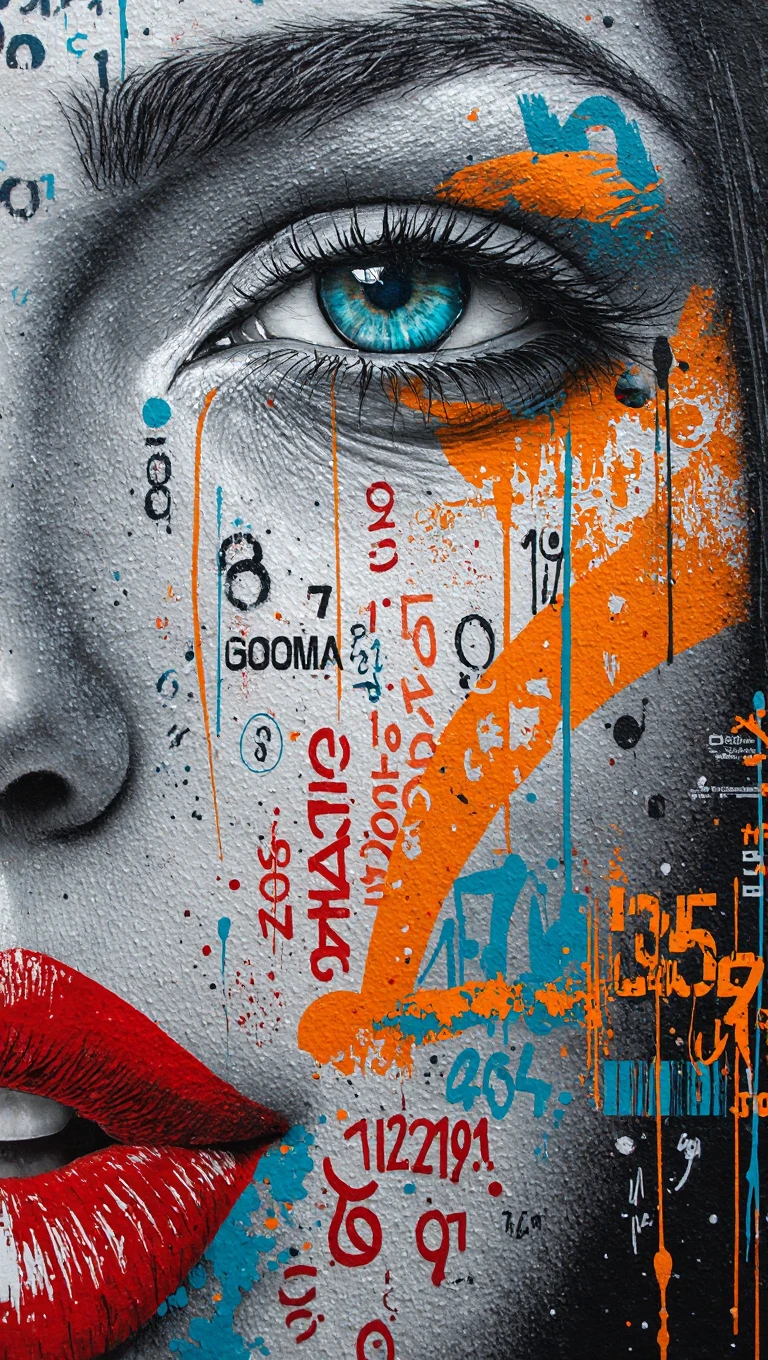 A surreal cyberpunk street art portrait of a woman with one half of her face in vivid detail — turquoise eye, red lips — while the other half is abstract and chaotic, covered with layered numbers, bold graffiti, paint splashes, and digital glitch textures. The artwork is in vertical format with a strong collage style, featuring neon blue, orange, red, and grayscale tones, blending realism and graffiti elements like a painted urban wall.