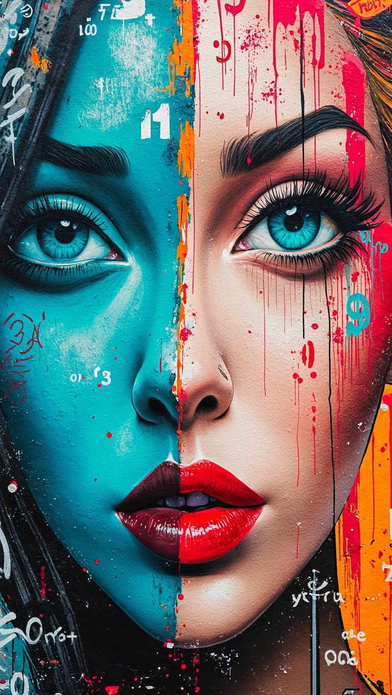 A surreal cyberpunk street art portrait of a woman with one half of her face in vivid detail — turquoise eye, red lips — while the other half is abstract and chaotic, covered with layered numbers, bold graffiti, paint splashes, and digital glitch textures. The artwork is in vertical format with a strong collage style, featuring neon blue, orange, red, and grayscale tones, blending realism and graffiti elements like a painted urban wall.