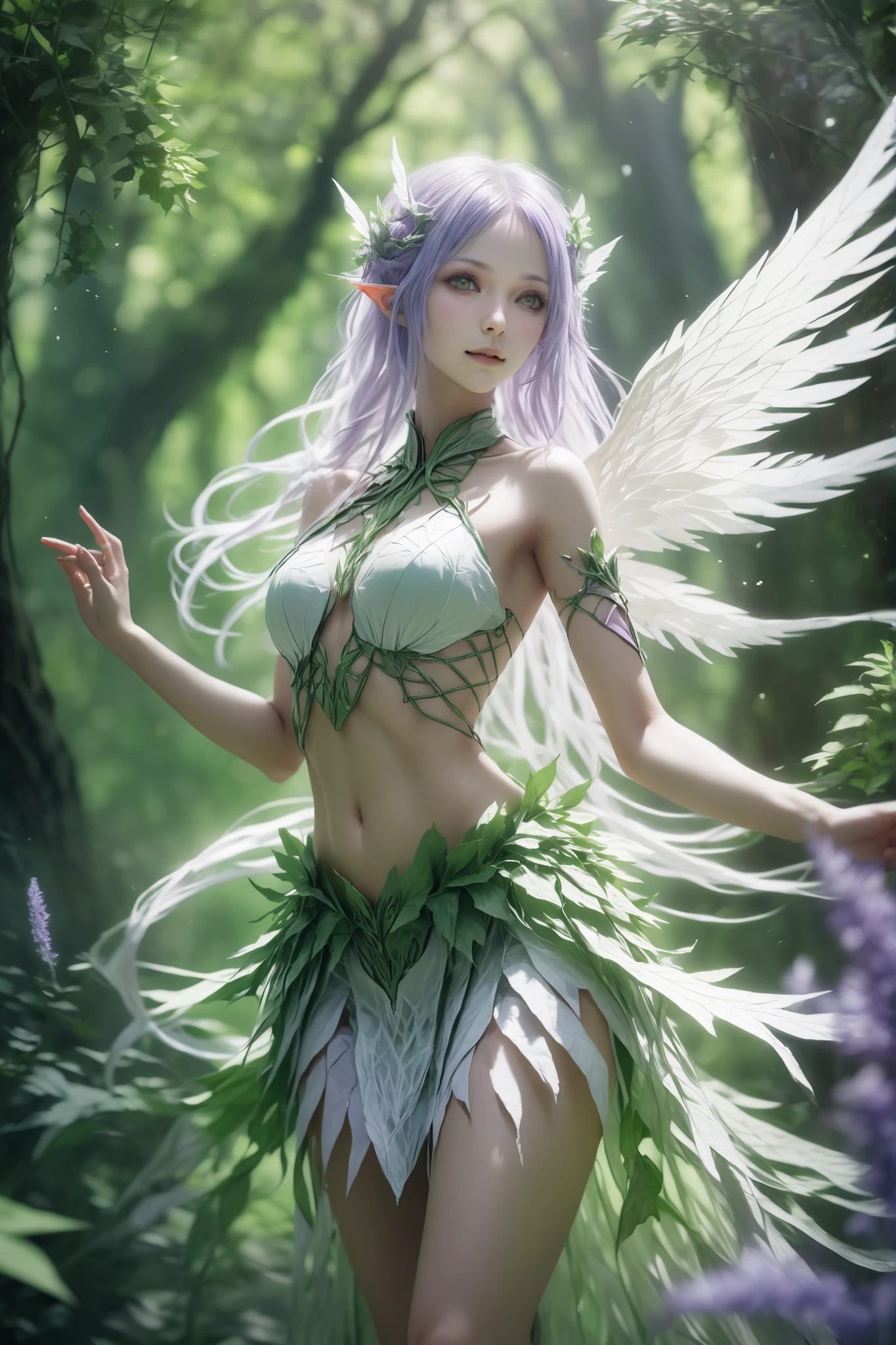 (ethereal youthful elf woman:1.2), dancing in a sun-dappled forest clearing, surrounded by lush greenery and flowers and glowing soft light, (magical atmosphere:1.1),
long light lavender hair styled symmetrically, middle part swept back, side strands falling softly, fine texture with some light braids and dreadlocks, voluminous and slightly messy, two thin strands frame her face,
she has delicate, feminine soft facial features with a small pointed nose and chin, and a small mouth, sparkling green eyes, long lavender eyelashes, thin and long pointed eyebrows,
low cheekbones, (slim waist:1.2), (bare midriff:1.2), light and soft skin tone, glowing like ivory,
wearing an underbreast top made of leaves and vines, with a single shoulder strap made of living tendrils, (mini skirt made of shredded leaves and soft green fabric:1.3), irregular edges, arms bare, (white magical wings with intricate patterns:1.4), (natural lighting, photorealistic fantasy style), dreamy depth of field, soft bokeh, cinematic soft glow