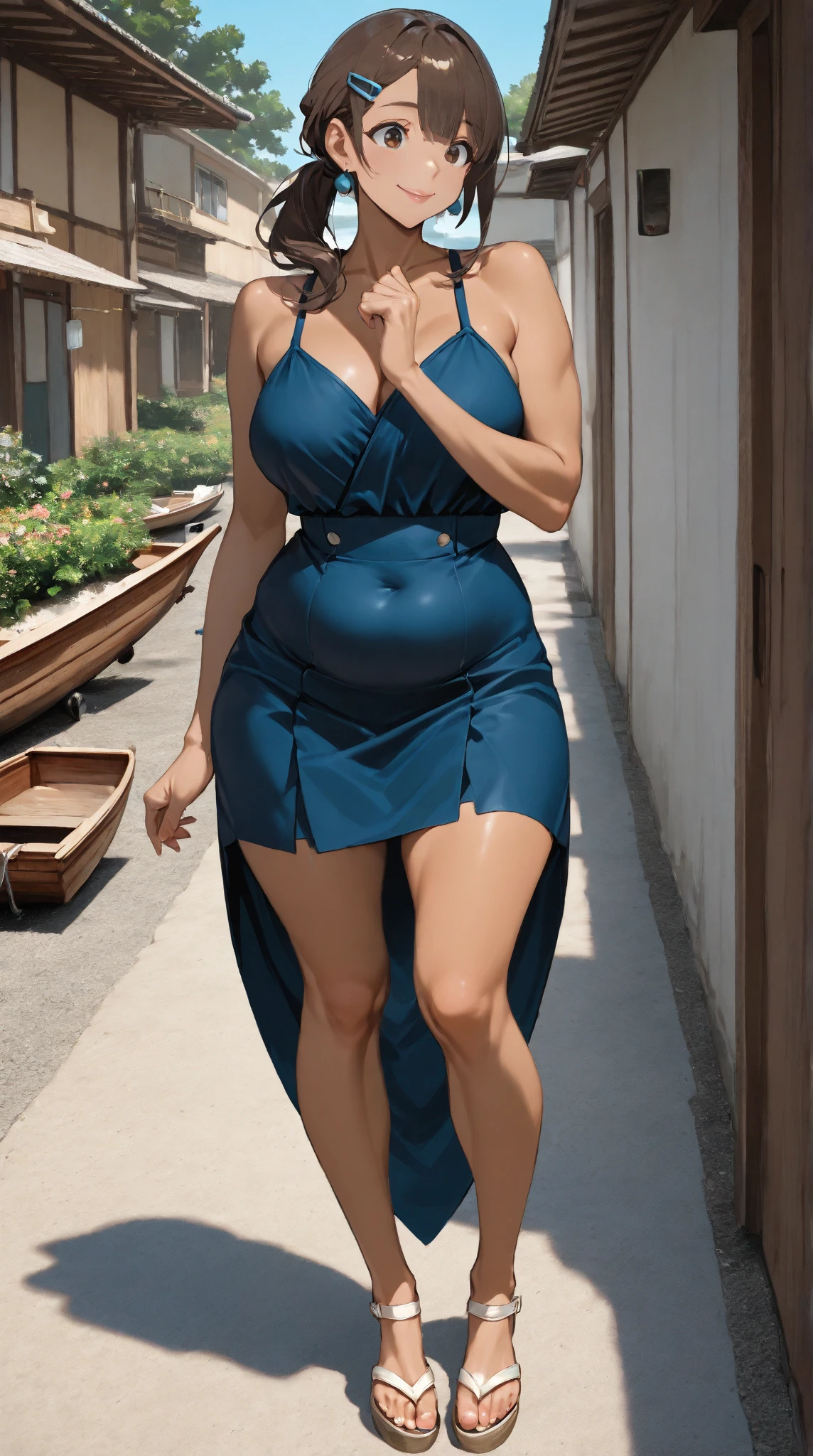 pregnant woman, plump body, very big breasts:1.5, (masterpiece:1.4), (highest quality), (become familiar with), (8k), 45 year old female:1.5, (1 girl, alone, landscape), (Ocean:1.7), clara kent, superhero, body suit, black hair, short hair, red cloak, blue eyes, wide hips, bending, Bright blue costume. plump body, very big breasts:1.5, pregnant woman,