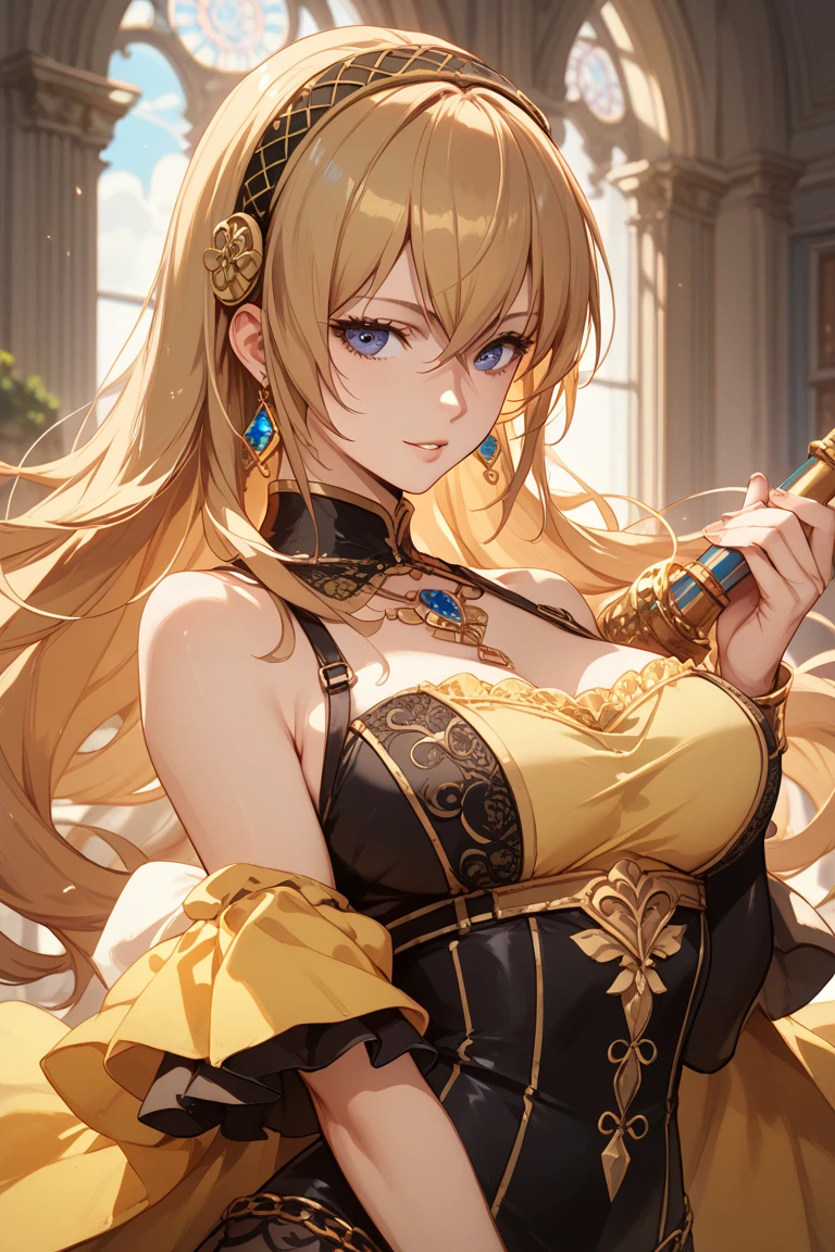 (( straight face picture )) ((best quality)), ((Masterpiece)), (details), Young woman , yellow hair , Dirt. , blue eyes ,Blue purple set, Gold pattern, wearing a big brimmed hat , Magician , The dress is very beautiful. ,long dress ,big breasts ,Big butt