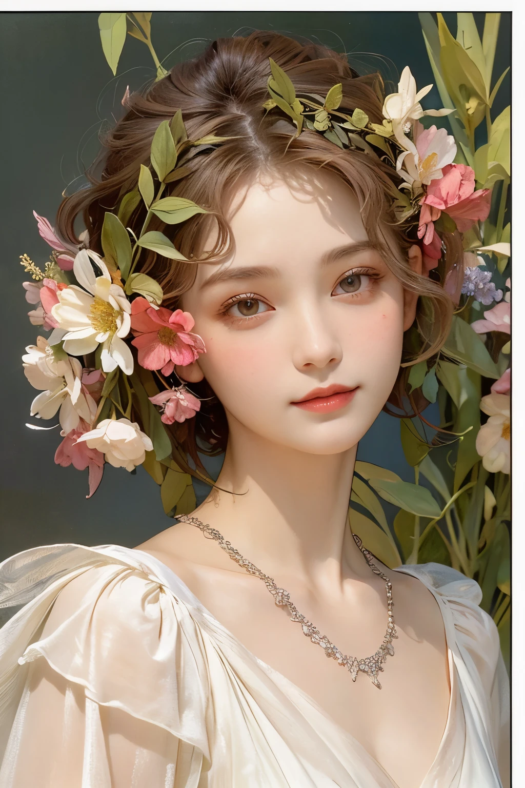 (Oil painting of a woman like a flower goddess), rough touch, impressive portrait, (calm, gentle, girlish smile), (almost straight medium-long silver-gray blonde hair), (close-up), glossy lips, (simple, urban shirt in spring colors), (smart figure), small necklace, soft spring sunlight, small spring flowers of various colors, fine and precise details, muted colors, vivid primary colors used partially as accents, use of contour lines, clean line drawing, (Alphonse Mucha-style composition), (stylish decorative frame in Art Nouveau style), Masterpiece! , Wonderful! , Beautiful! , Wonderful! , Perfect!