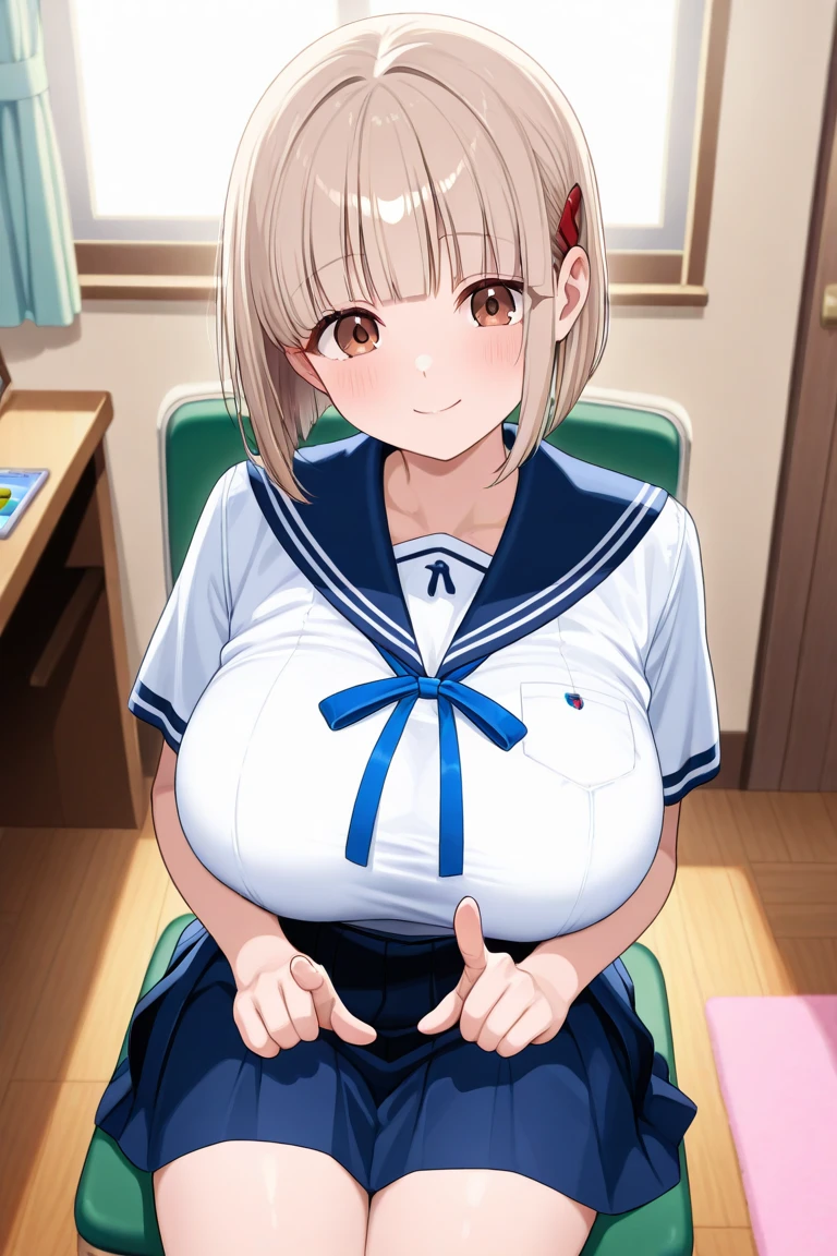 One girl, highest quality, Super detailed, masterpiece, Ultra-high resolution, 8k, Ridiculous, Cowboy Shooting, Focus on the girl, Embarrassing, blush, Lovely, Close one eye, With tears in her eyes and her mouth open, What saliva leaves behind, (arms behind head), (wariza),Classroom Background, (uzaki hana, uzaki-chan wa asobitai!), (medium breasts), (sagging breasts),(huge nipples), Absolute area, Black knee socks, front shot, from above