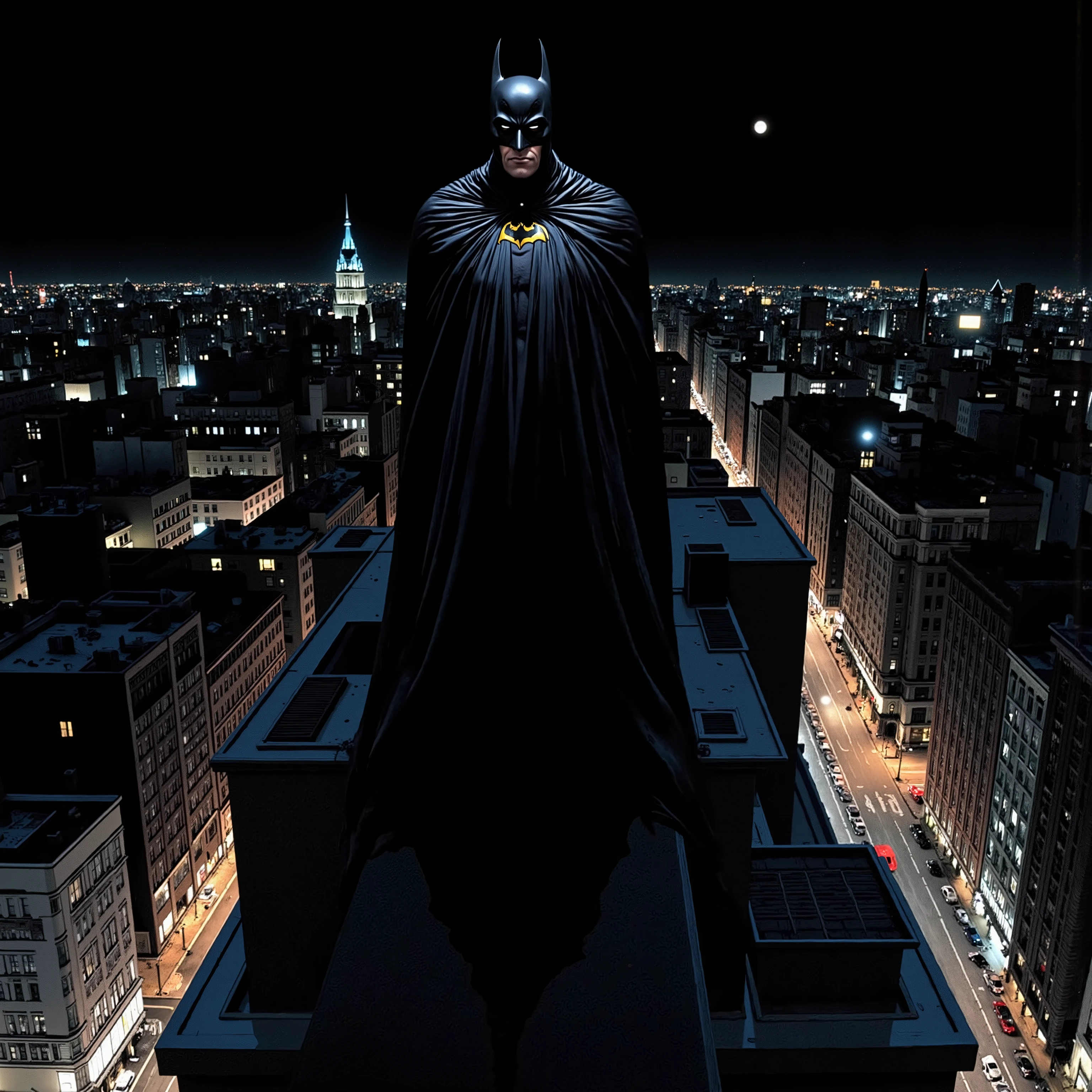 jimlee style, comicbook illustration, the main subject is batman, batman standing on highest skyscraper rooftop, he is surrounded by shadows and his cowl making his face completely black with only two white visible, he is wearing armored suit and long torn windblown cape that covering his whole body right from the shoulders, street dimly light with car lights down below, dark noire atmosphere, black sky, moonlight,