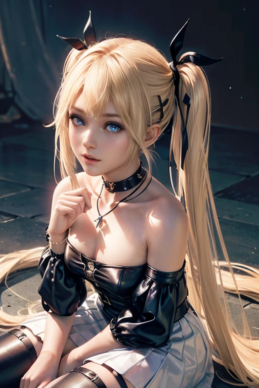 1 girl, Alone, NSFW, cute, 18 year old, dark blonde girl with twin tails, perfect female body, cute face makeup, blue eyes, happy, Ukrainian, body, small hips, pale white skin, mini skirt and tube top, matte tights, blade runner style background, night time, realistic photo.