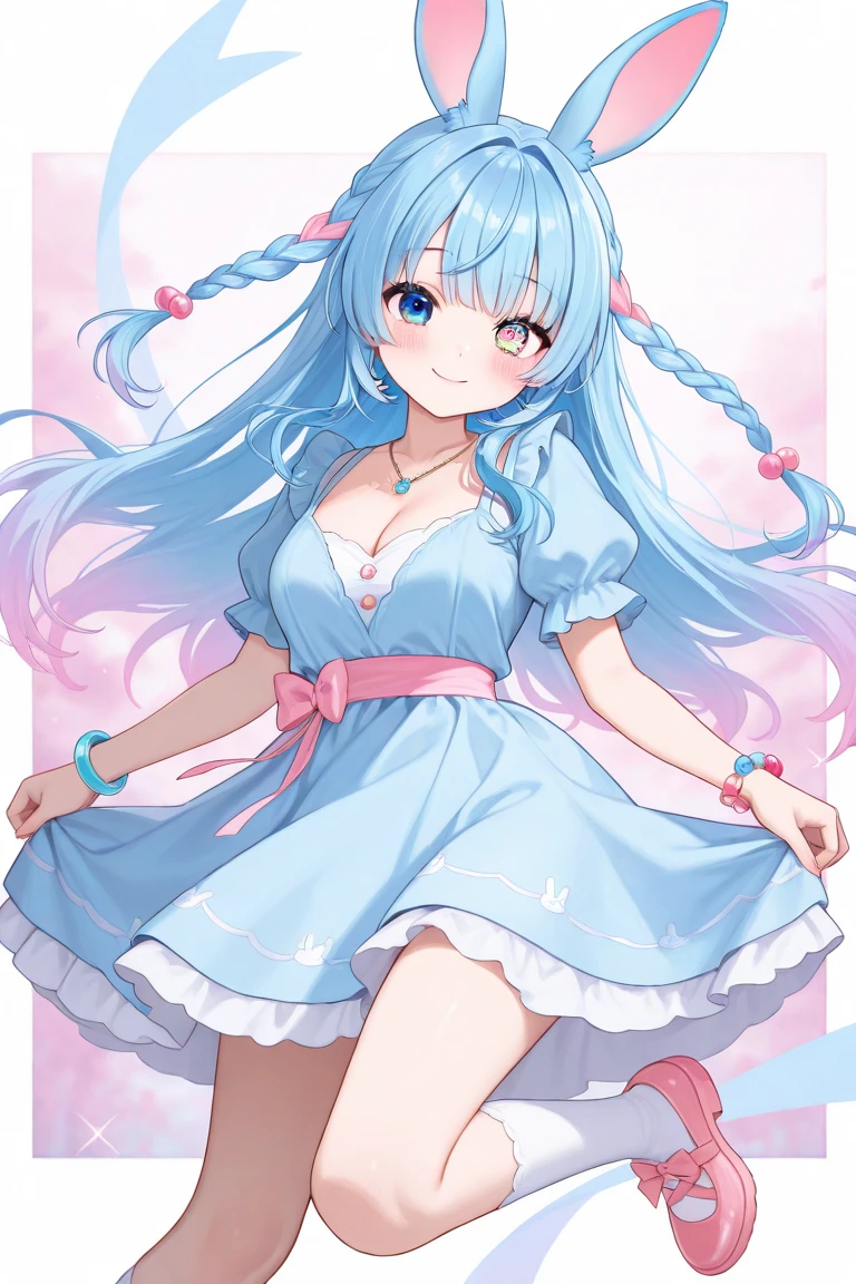 (((The ultra -The high-definition))), (((An ultra-high picture quality))), (((Large screen))), 独奏, Very cute, Moe Anime Style, Delicat eyes, (Little Girl:1.5), (very modest chest:1.3), (saturated blue hair:1.2), (length hair:1.2), (straight and long sideburns:1.2), (blue eyess:1.2), (A little sagging eyes:1.3), A bursting smile, smile eyes, Horizontal eyebrows, Big open mouth, (Cute skirt with pink and white ruffles), Very cute long sleeve clothes in pink with collar, (DVR),