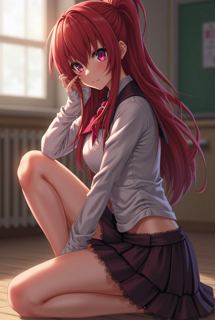 Orihime, solo, white shirt with red bowtie, gray skirt, stockings, school hallway, hair ornament, embarassed, open mouth, blush, from below, pantyshot, pink panties,