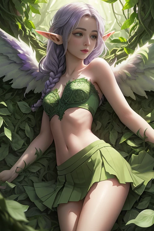 foreground, Girl, soft white skin, parts, with green eyes, voluminous lips, perfect body, slim and detailed, huge breasts, Wide hips, waist and green landscape, Nswf, big angel wings