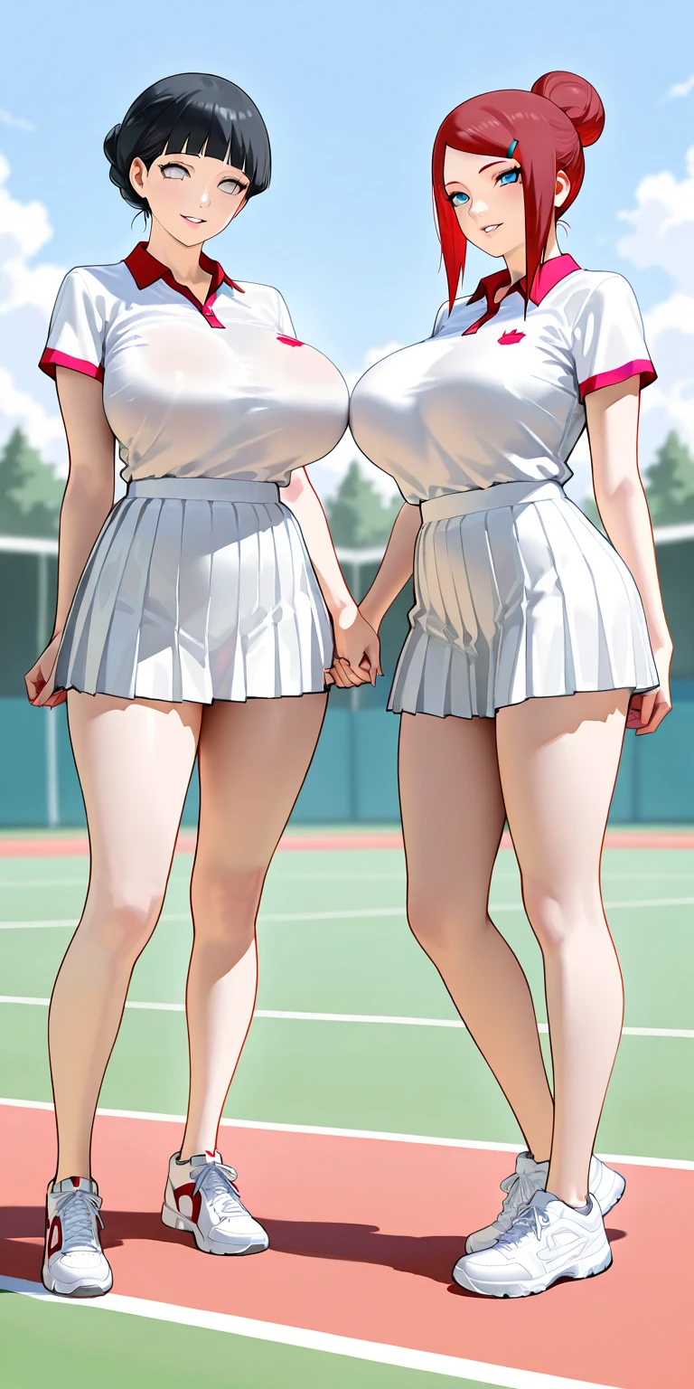 Maisie Williams, school uniform, tennis court, sisters, two girls, duo, sexy twins, big breasts, short blonde hair, black lipstick, pouty face, huge breasts, (huge breasts:1.6), lactation, (lactating breasts:1.4), sweating, hot, heavy breasts, breasts too big, swollen breasts,