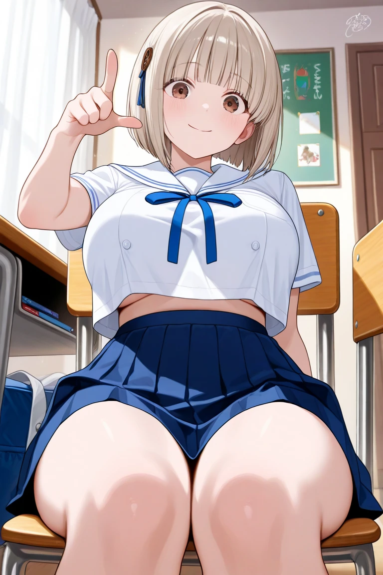 Highest quality,One girl,((Big Breasts:1.3)),Curvy,orgasm,blush, Sweat,Blonde,White shirt,Pink Skirt,mini skirt,classroom,Lift up your skirt,Under the skirt,レースpanties,panties,(White knee socks:1.3),Show off,(Love juice),(マンコの形がpantiesに浮き出る:1.3),Shigure Ui,(View from directly below:1.6),(Crotch up:1.5),(Leg spread:1.5)