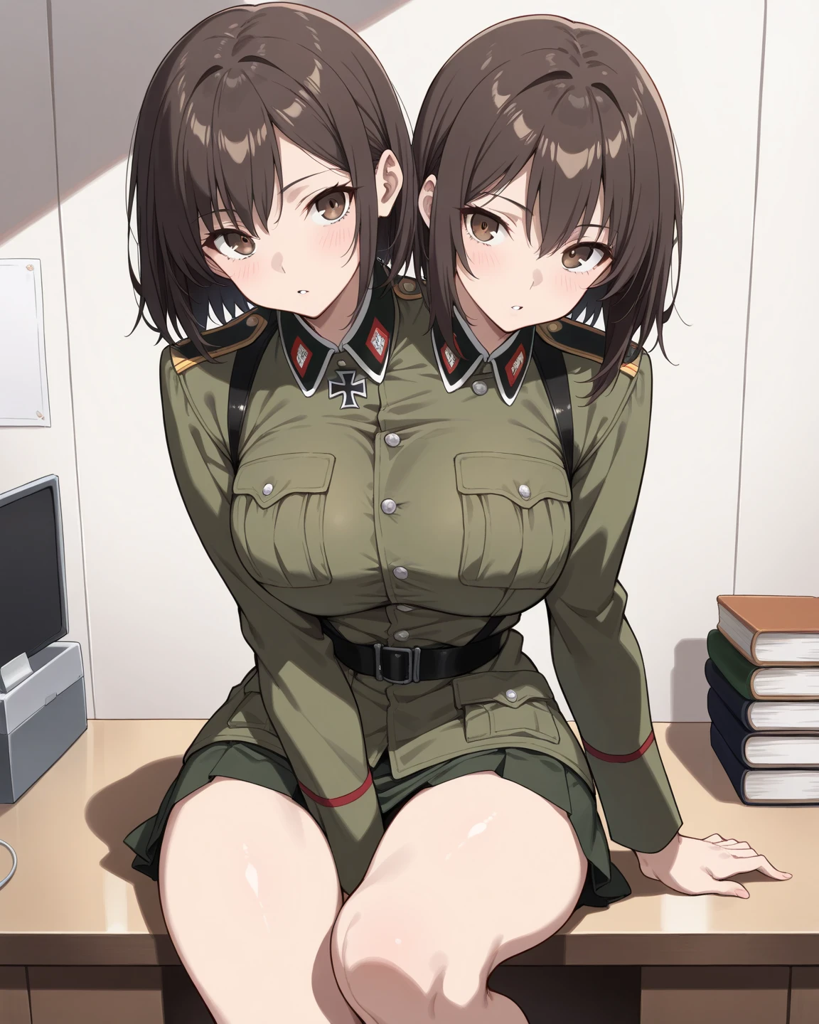 16 yaers old，The daughter，Small chest，Short ear-length hair，brunette color hair，sisterhood，Barefoot，Eighth Route Army uniform