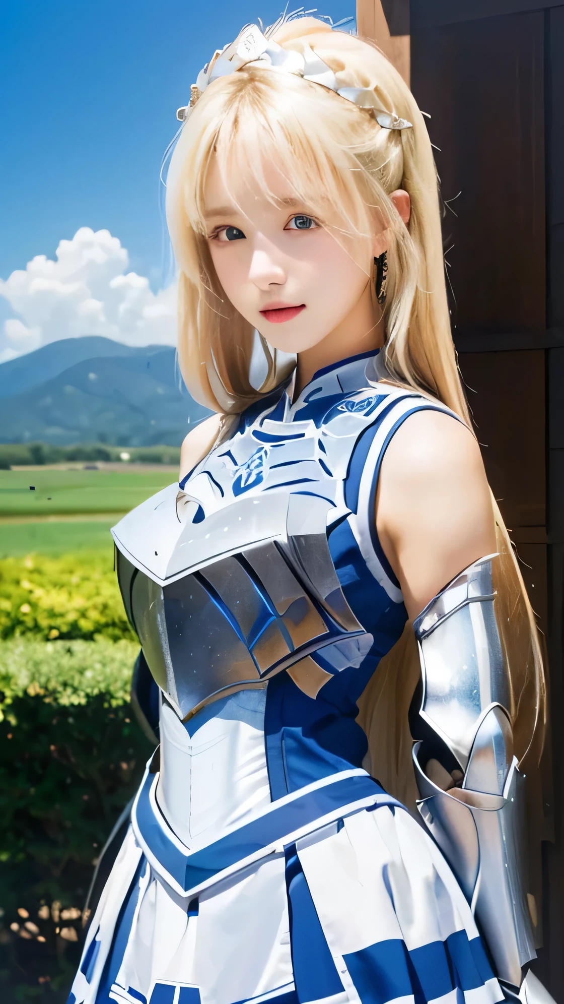 masterpiece, Highest quality, 超High resolution, Realistic skin texture, Armature, (Realistic:1.4), High resolution, RAW Photos, Shiny skin, (Detail Skin:1.2), Realistic skin texture, Best lighting, (Perfect breasts:1.3), Shine, Dramatic lighting, Dynamic pose, (Greek temple background:1.3), Night Sky, universe, milky way, One Girl, (Short Blonde:1.5), Cygnus_Hyoga, (Blue Shirt:1.2), (Helmet:1.2), Silver Plate Armor, Scapula