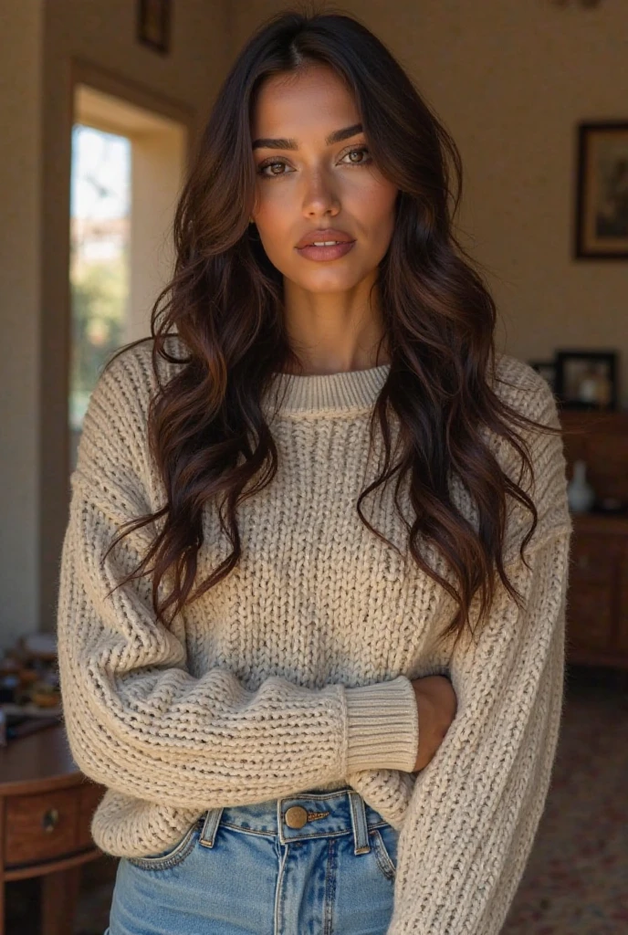at home, photography of a stunning girl, wearing a autumn white jumper, long hair on one side, heavy bust 36DD, looks into the camera, symmetrical eyes, symmetrical face, photography, path tracing, spectacular lighting, volumetric face light, path traced hair, visible shadows, intricate, elaborate