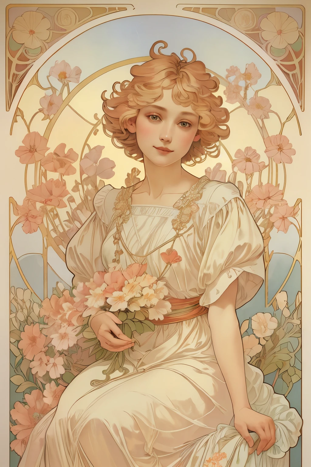 378(20 year old women),(short hair),(gentle smile),(high quality photos),(Alphonse Mucha),(colorful floral dress),(A room with a large painting),((contrast between light and shade))