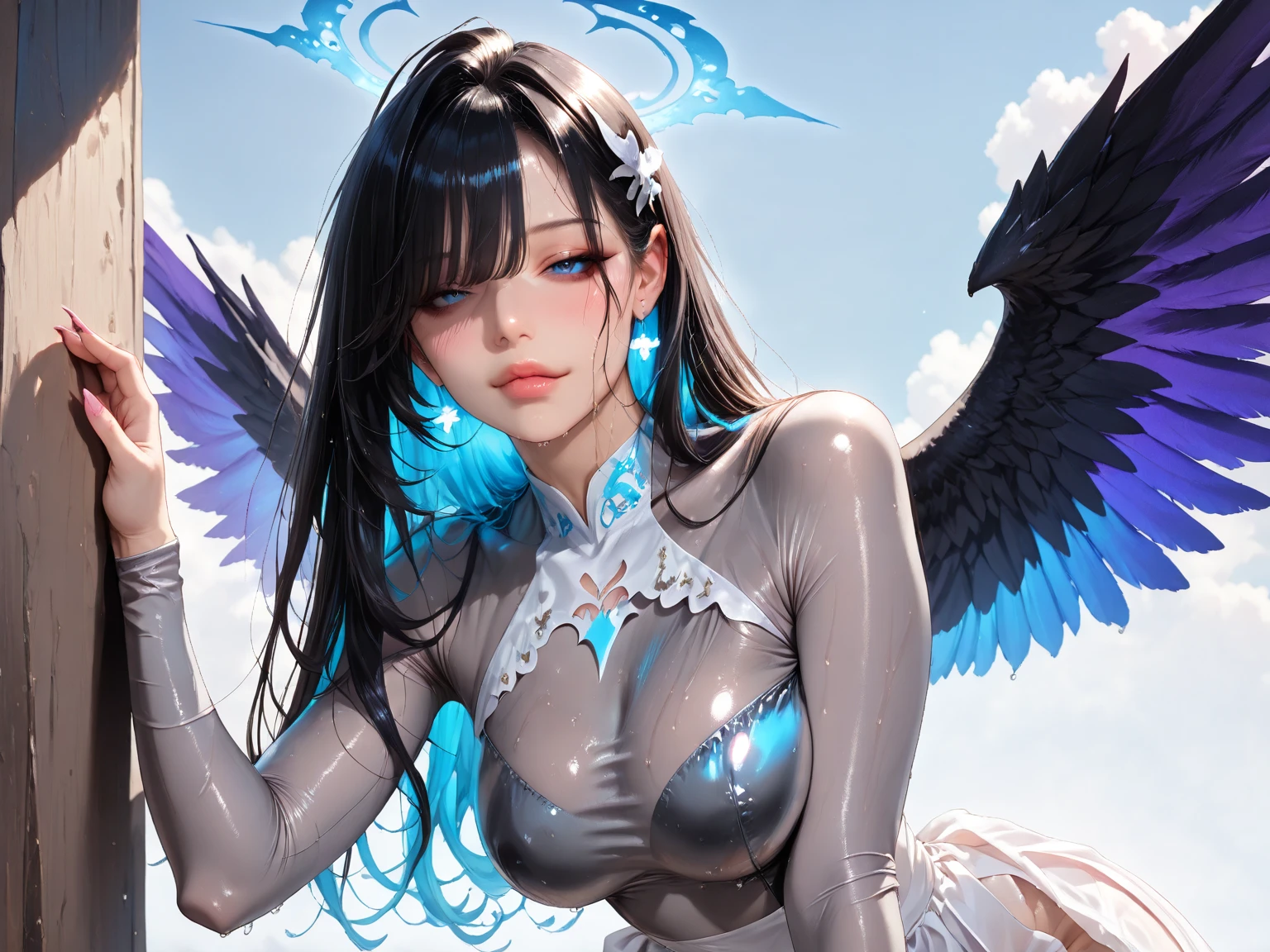 A woman with large, feathered wings stands against the backdrop of a vibrant sunset. Dressed in a sleek silver outfit that shimmers in the fading light, she exudes an air of confidence and joy. Her short, black hair, styled with bangs, is adorned with a delicate tiara that rests upon her head. Her orange eyes, with their unique diamond-shaped pupils, sparkle with happiness. Every detail, from the intricate feathers of her wings to the texture of her silver attire, is rendered in stunningly high definition, creating an image of exceptional quality and realism.

