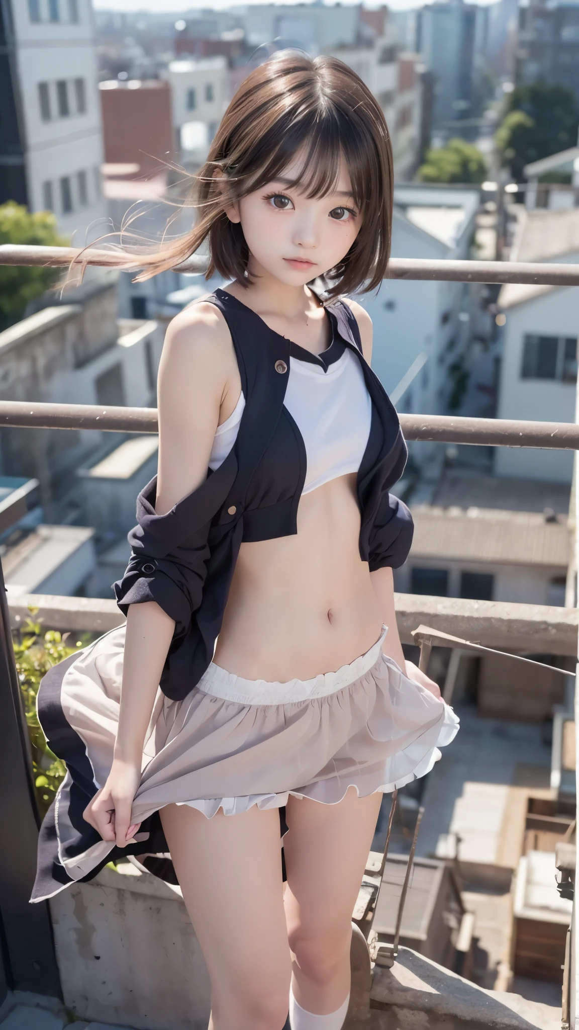 ((another world、come down from the sky童顔美少女))、 short shirt 、((small breasts、flat chest))、white shirt、transparent、(Thin mini skirt、transparent、low rise、Above the knee socks、Belly Button 、ニーknee socks、((short hair))、nice girly hair、side bangs、beautiful décolletage、 short tie、brown hair、slender、model pose、smile、 full body shot 、Spotlight、knee socks、skirt、look down at the city from the rooftop、1 person、(Wind from below、Beautiful girl with a baby face coming down from the sky、skirt lift) 、Off the Shoulder、come down from the sky、Magical Girl、The aura that comes out of the body、underboobが見えます、(((underboob)))、masterpiece,best quality,Super Detail,high resolution,high resolution,8K,realistic, RAW photos ,((real people)),portrait photography,photorealistic,detailed skin,(Delicate dark eyes ), A woman with gentle droopy eyes ,Calm and peaceful, middle hair,clothing,wind is blowing,watery eyes, (detailed hands:1.3, perfect right hand:1.3)、(perfect anatomy:1.2)