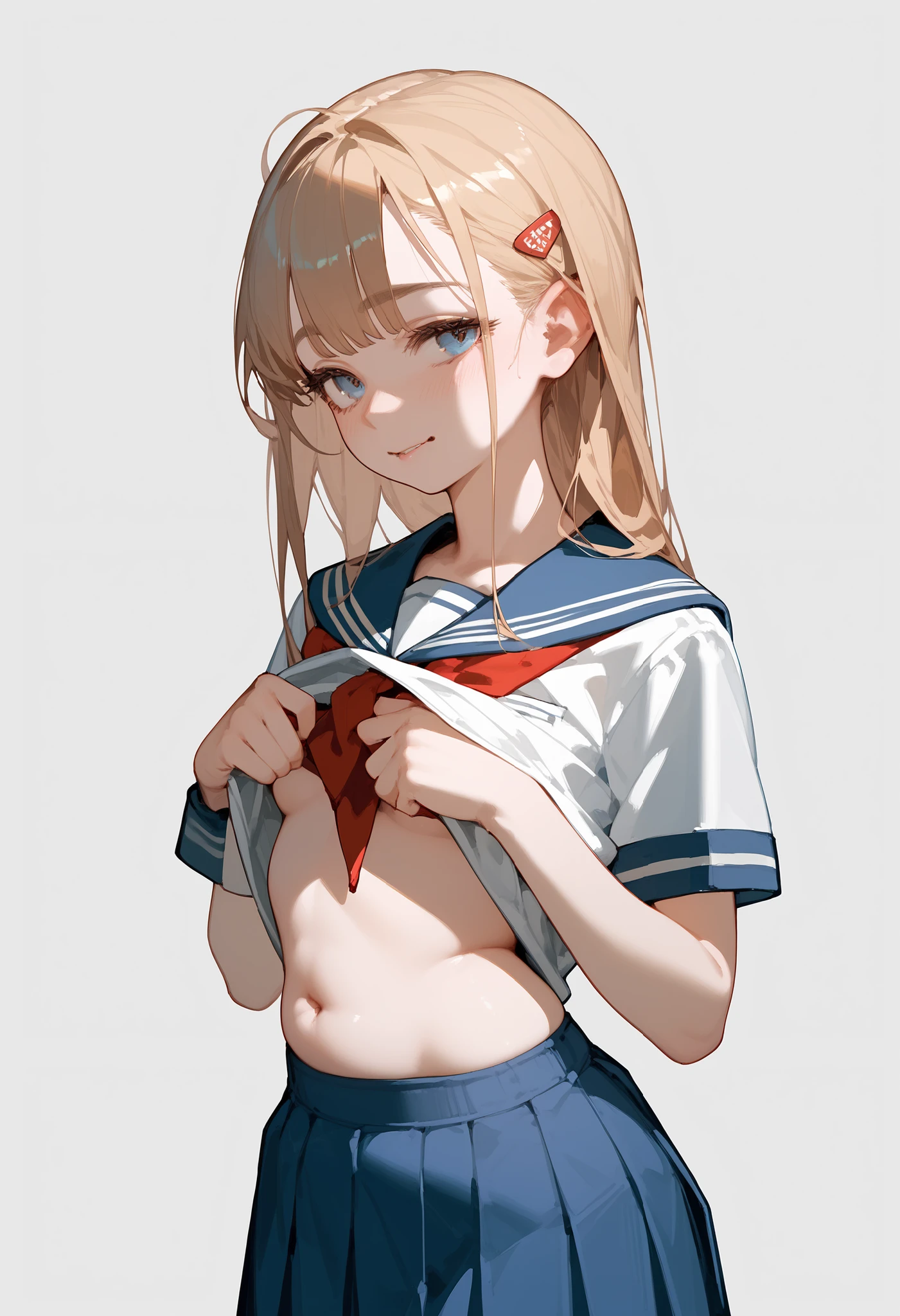 girl, school clothes lifted, protruding tummy