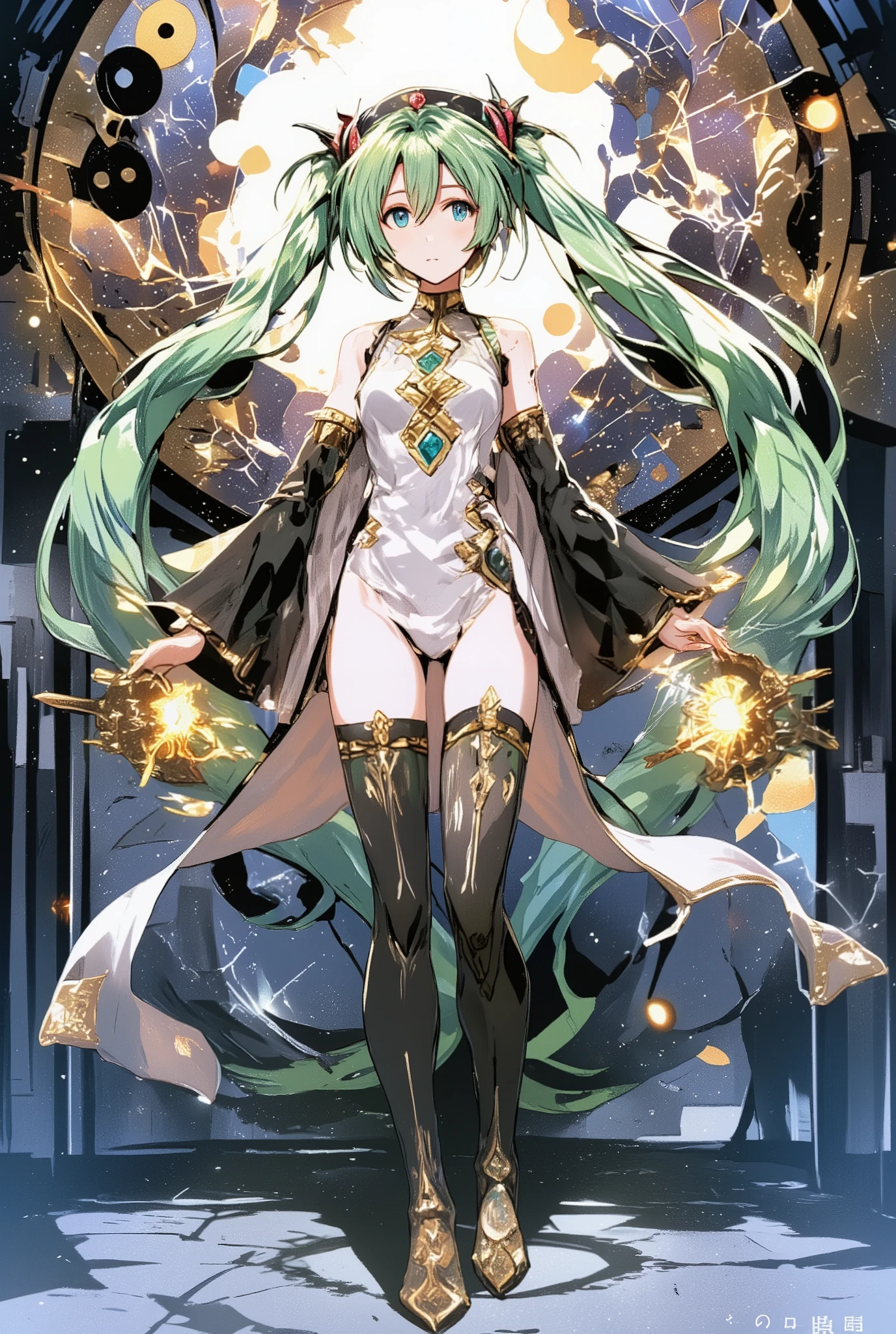 ( masterpiece、 best quality、 best quality、Official Art、  beautiful beautiful  :1.2)  Hatsune Miku、light green twin tails, beautiful breasts, yin and yang mix、A world divided into two、light and shadow、light and shadowが入り混じる、future and past clothes mix、