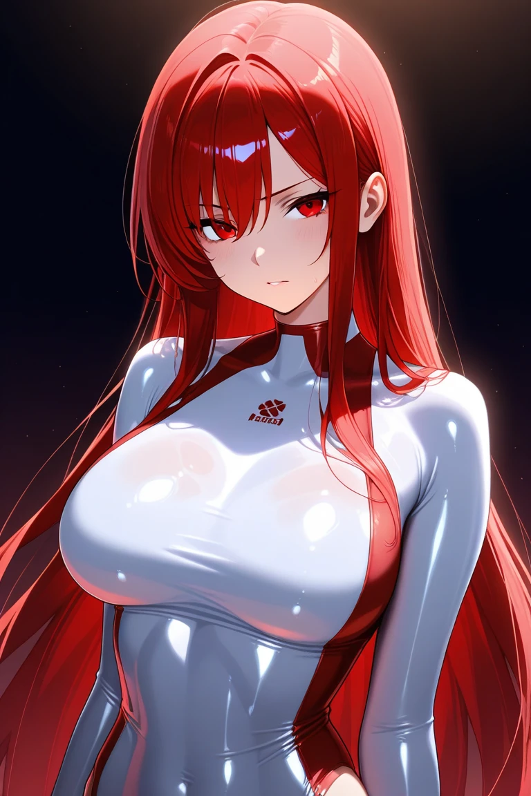 1girl in, ((Shiny skin)), (Red hair), ((Open thighs)), (Splattering sweat), , Body climax, , ((white rubber suit)), I can see the cleavage,On the roof of a building, Look at viewers, face to viewer,((shoulder-length hair)), (straight haired),(( close-up)), Large breasts,Colossal tits、Raw feet、Bare legged、Nothing to wear