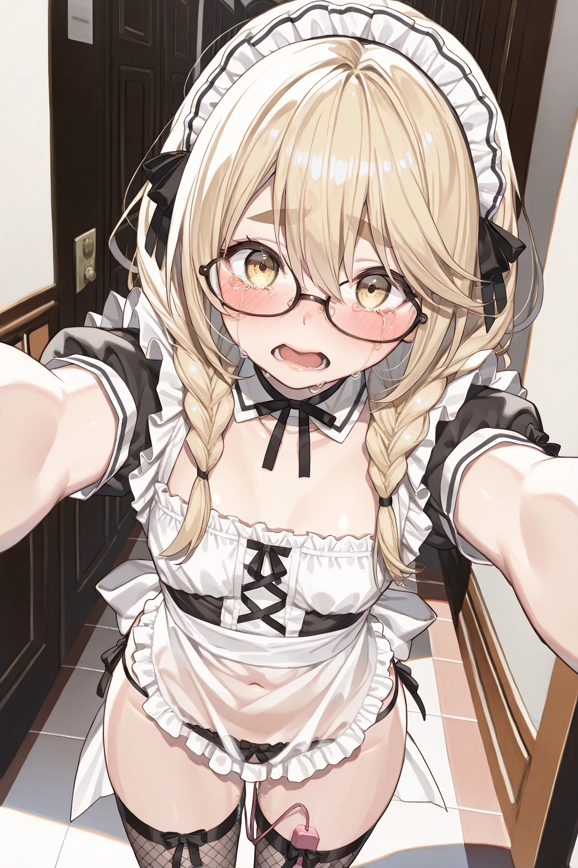 (small breasts:1.2), (perky chest:1.2), (pointed chest:1.2), (Pudding cake magazine cover:1.3),(from above:1.0),(shoot from the side:1.1),masterpiece, 1girl, Amazing Cleavage:1.1, thin waist, optimum,tmasterpiece,hight resolution,best qualtiy,hyper HD,super detailing,awardwinning,a 18yo cute girl,(The upper part of the body),anatomy correct,Beautiful Black miniskirt,garters,Gaze,Small face,bangss,holster,Beautuful Women,hands up,leg holster,Gaze,black boots,Cowboy Shot,cute face,a blond,Longhaire,Twin-tailed,Braids, Hairline,(scarlet eyes),long eyelasher,Hanging eye corners,White skin of the, ((see through camisole:1.1)), ((Sheer nipples:1.0)),Rocket Tits,(Slim body),smile,seductive weak smiling,(with sparkling eyes and a contagious smile),little open mouth, Looking at Viewer,