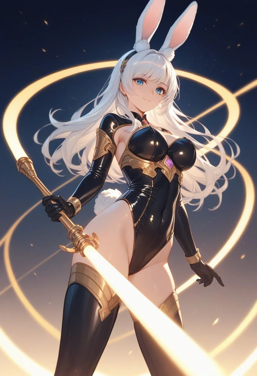 a beautiful jedi woman wearing a light-brown leotard dress in a jedi temple at night, sandals, white cat-ears, light-brown leotard, holding a lightsaber in one hand, white cat tail, confident smirk, glowing green eyes, white hair, long hair, light brown bracers, cat ears, cat tail, sandals, dark blue lace panties, walking through jedi temple halls, sweaty body, night sky