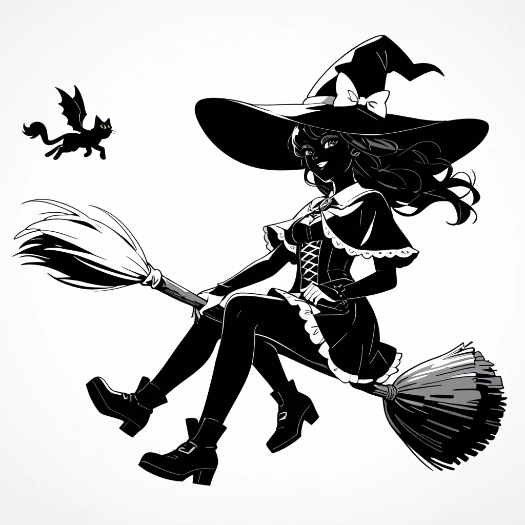 line drawing of a witch on her broom, entyre body, On white background, monochrome, black andwhite, no shadows, white background
