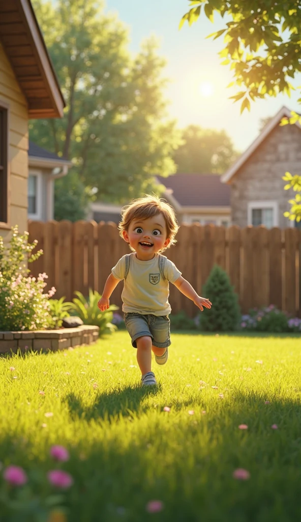 2-year-old baby with low hair. grabbing a grasshopper in the house's backyard. Scaring his fat parents