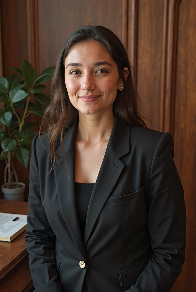 high detail, modern, Realism, Hyperrealism, cinematic lighting, depth of field, UHD, retina, masterpiece, acurate, anatomically correct, textured skin, super detail, high details, high quality, award winning, best quality, highres, 8k, Photo of a cute brunette woman with hair in a bun sitting in an office wear a black suit jacket with unbuttoned blouse pleasant atmosphere, american flag in the background, perfect face dunkle Beleuchtung,