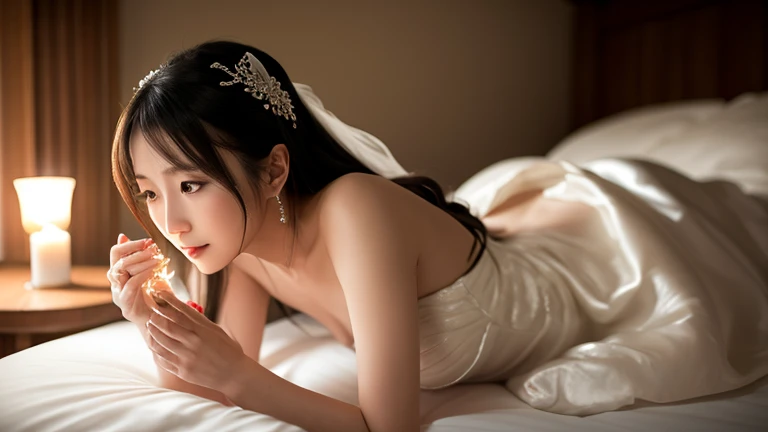(highest quality:1.5)、(Realistic:1.5)、(1 person:1.5)、((On all fours on the bed in the bedroom:1.2))、(Crawling posture)、Very detailed、High resolution、8k、、Normal milk、Natural color lips、Japanese women、20-year-old girl、Beautiful and elegant face、Perfect and beautiful face、Large, balanced eyes、Brunette's eyes、Beautiful and elegant face、Beautiful double eyelids、Natural Bangs、Beautiful thin nose、Beautiful Skin、Fair skin、(Medium Bob Hair)、Natural Bangs、Perfect and beautiful face、Slim face and figure、(Looking at the camera with a seductive look)、Bright lighting、Professional Lighting、Forward lighting、Natural smile、Princess line wedding dress、tiara、Beautiful cleavage、(Wearing white off-the-shoulder wedding dress)