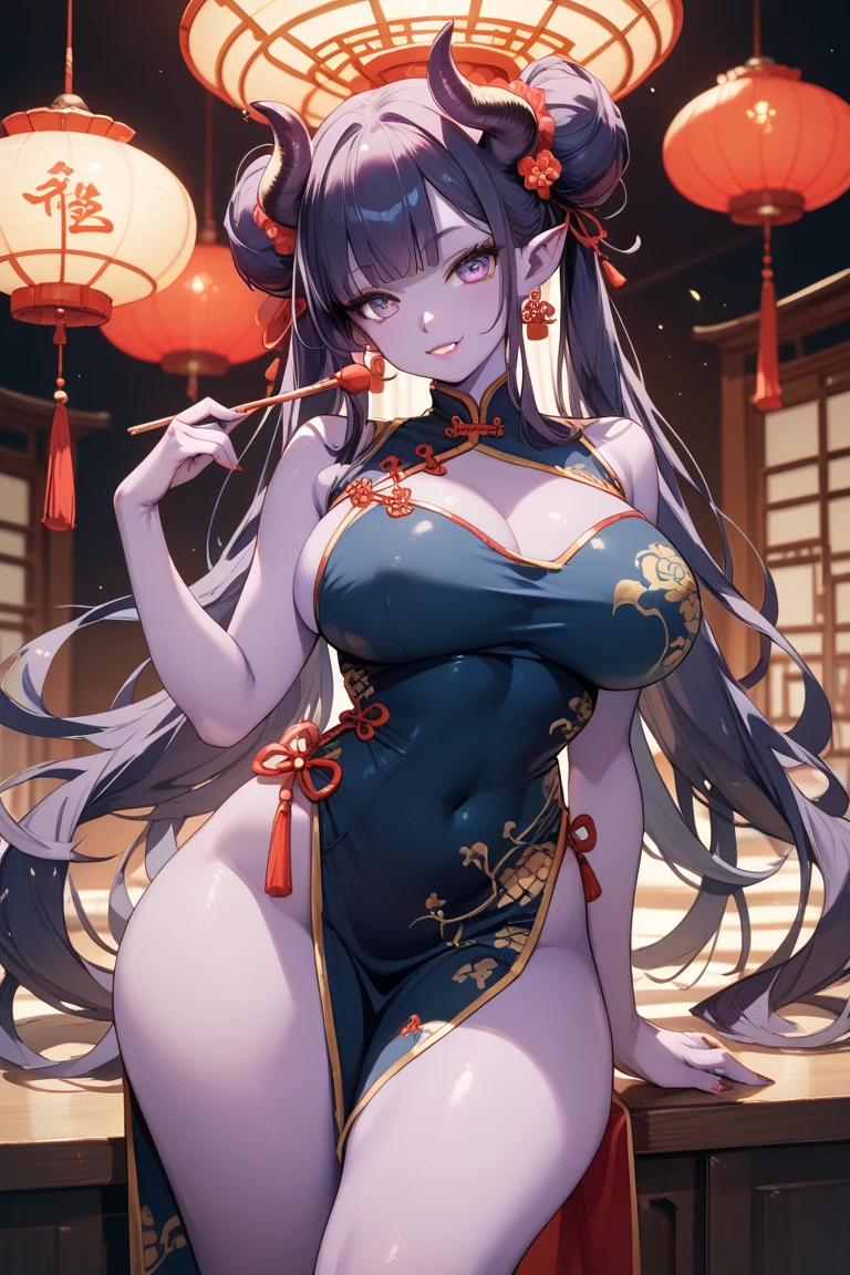deaver, by deaver, black hair, female, vampire girl, horns, two tails, twin drills, solo, smol, pink eyes, massive breasts, massive butt, massive hips, oppai , very long hair, wear sexy Pink Chinese dress with black stockings, sexy pose arms on hips, masterpiece, ultra high quality, sexy pose, masterpiece, best quality, highly detailed background, cinematic lighting, detailed eyes, perfect face