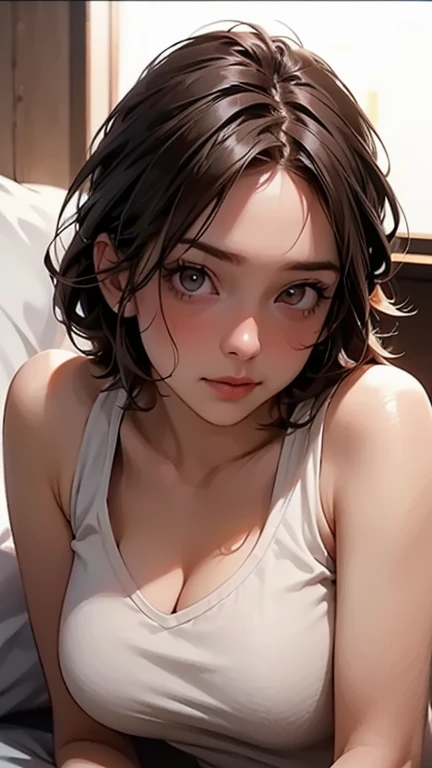 ((masterpiece,Highest quality:1.3,best quality illustration)),((realistic:1.2)),cowboy shot,独奏,1woman,18 year old beauty、black hair,short bob hair,(center parted bangs),black eyes,(gorgeous big eyes),((very small head:1.3)),shy,((slender body,skinny)),(tan skin:1.4),small breasts,White bra、red bowtie,White panties,gleaming skin,oily skin,slender body,sweat, sitting,spread legs,Simple bed、Simple bedroom、Tokyo、nsfw,