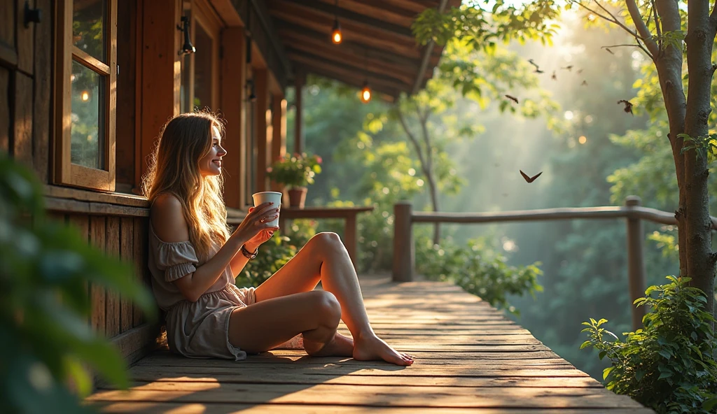 Beautiful young girl , in the morning , on the porch of a house in the forest , Sitting in his underwear , holding a cup of coffee