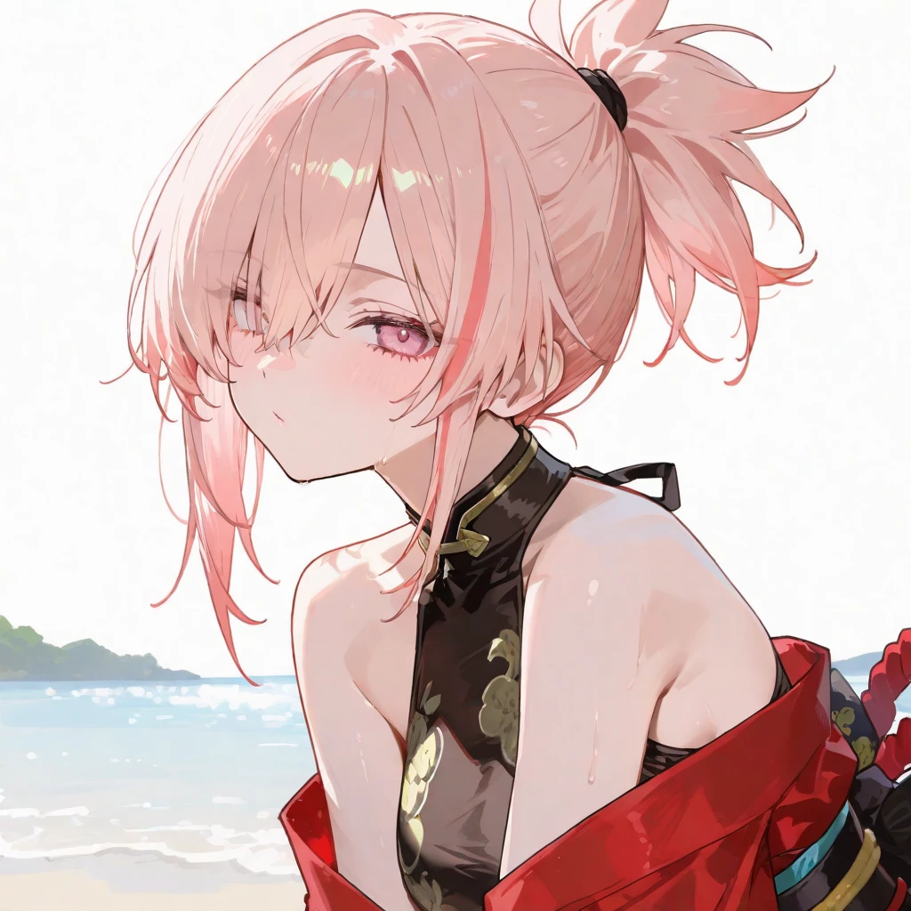 Random patterned swimsuit、,Swimsuit,Blushing、short hair、Pale red eyes、Light cream colored hair、Head to toe full body、Blushing、Embarrassed look、Composition from the front、A view from slightly below、school swimwear、Acme Face、Random pose、, 、nsfw、Highest quality、1 girl、solo、Ocean、Sandy Beach、Sexy pose、Random pose、Blushing、wet、Embarrassed、I can see half of my 、、One piece swimsuit、(Strap slip:1.3)、