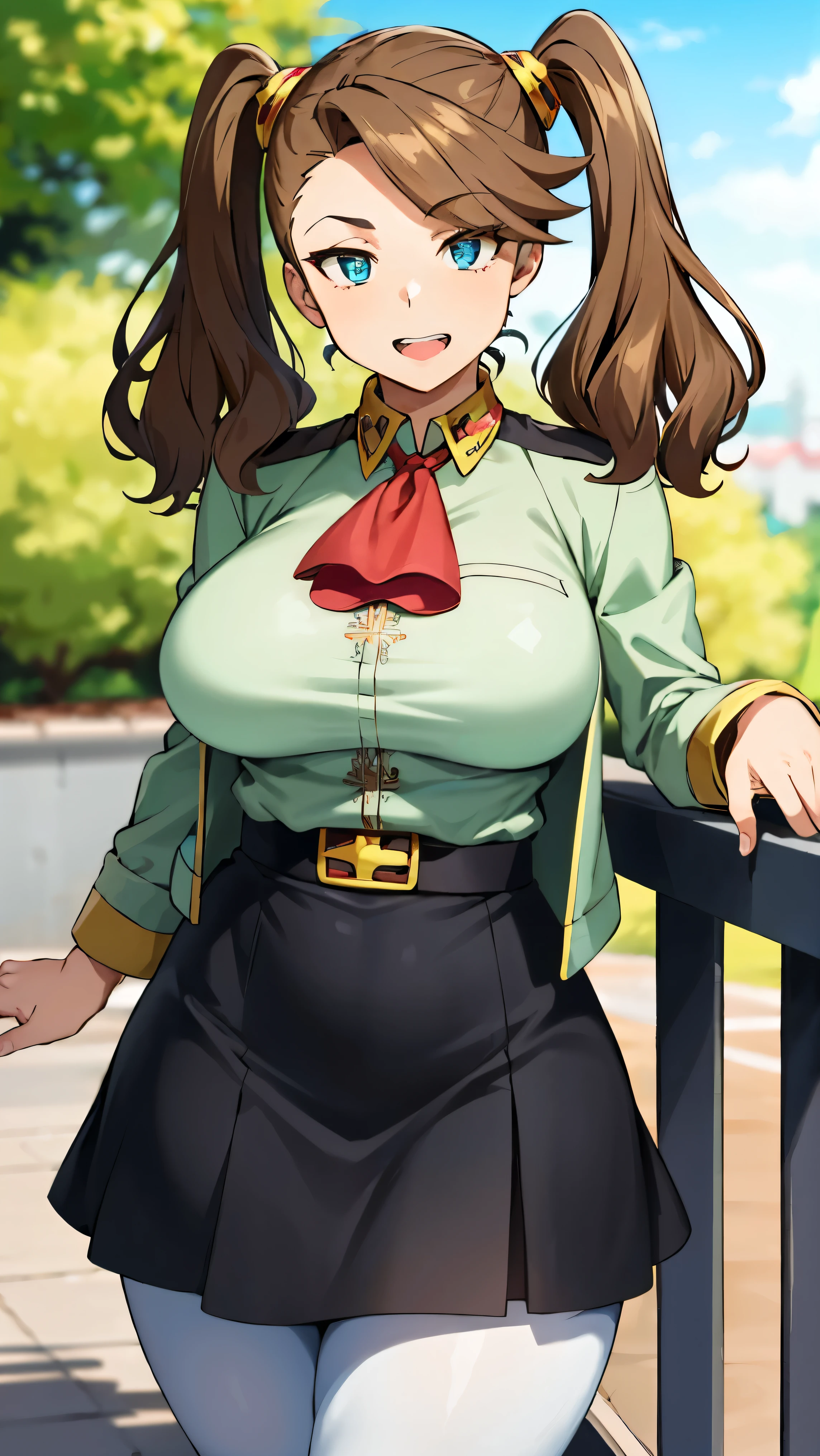 {{{masterpiece}}}, {{{best quality}}}, {{ultra detail}}, {illustrations}, {{very delicate and beautiful}}, (beautifully detailed eyes:1.6), very detailed face, 16k, anime face, Kaoruko sazaki(Gundam Build Fighters Try), Kaoruko, cute face, long hair, brown hair, hair ornament, twin tail, Kakiage Bang, brown eyes in the bedroom, Big Breasts, thin waist, big hips, Carvicious, plump thighs, in their 40s, Puffed Sleeves, light green jacket, SHORT LENGTH JACKET , long sleeve, Ascot, red Ascot, white belt, Square Cross Buckle , pantyhose, white pantyhose, high waist skirt, miniskirt, black skirt, thighs, I'll definitely do it, in their 40s, Outdoors, Watch Viewers, opens his mouth, day, standing, tree, null, blue null, handrail, cloud, blurred, teeth, blurred background, points to the viewer