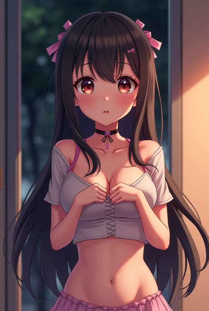 high quality, detailed, 1girl, loli, infant, 10 years old, flat breast, fullnude, naked, uncensored, black hair, long hair, deep purple eyes, half open mouth, ashamed, blush, hands behind, standing, in cafe,