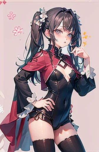 score_9, score_8_up, score_7_up, cameltoe, commentary_request, medium_breasts, highres, black_panties, hairclip, navel, cowboy_shot, white_border, stomach, pulled_by_self, red-framed_eyewear, solo, 1girl, looking_at_viewer, closed_mouth, glasses, sparkle_\(honkai:_star_rail\), outdoors, smile, absurdres, legs_together, panty_pull, thick_thighs, white background