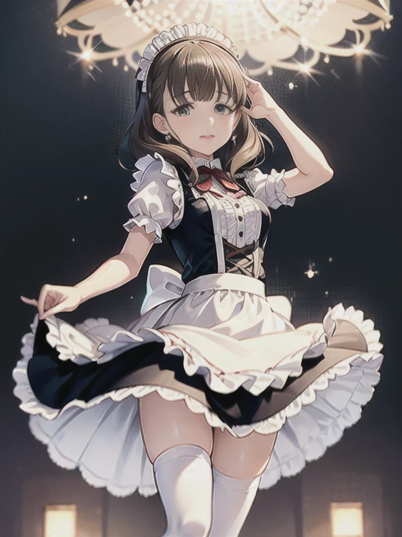 1girl, breasts, looking at viewer, blush, smile, short hair, bangs, blonde hair, simple background, hair ornament, thighhighs, white background, animal ears, cleavage, medium breasts, closed mouth, underwear, green eyes, standing, tail, full body, braid, boots, frills, cat ears, bra, high heels, cat tail, animal ear fluff, bare arms, clothing cutout, multiple views, thigh boots, cleavage cutout, white footwear, underwear only, light brown hair, knee boots, cat girl, short twintails, pom pom (clothes), high heel boots, white bra, paw pose, meme attire, frilled bra, cat cutout, cat lingerie, pom pom hair ornament