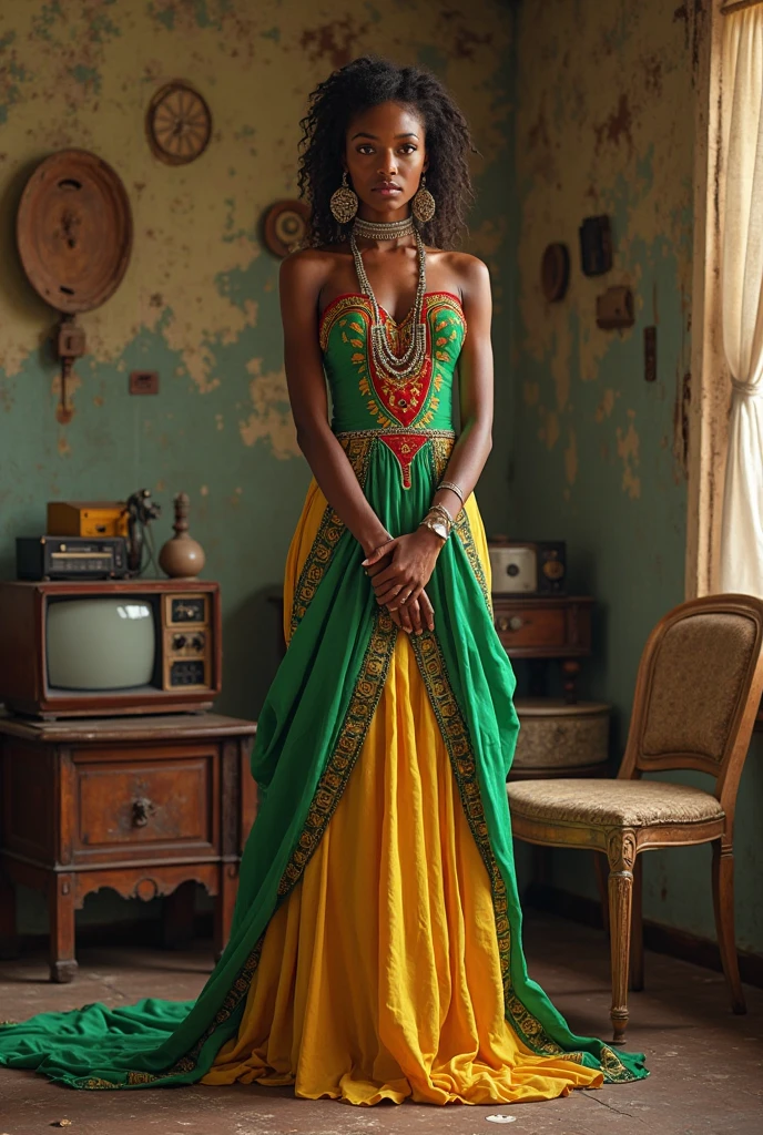 ((Masterpiece)), a beautiful Ethiopian woman, brown-black hair, wearing a colourful high detail gown, walking the streets of Addis Ababa, (UHD, 8K wallpaper, High resolution), Cinematic lighting, award-winning, extremely detailed skin, extra detailed face, high detail eyes, photo-realistic, Zeiss 85 mm F/1.4, by Ellen von Unwerth