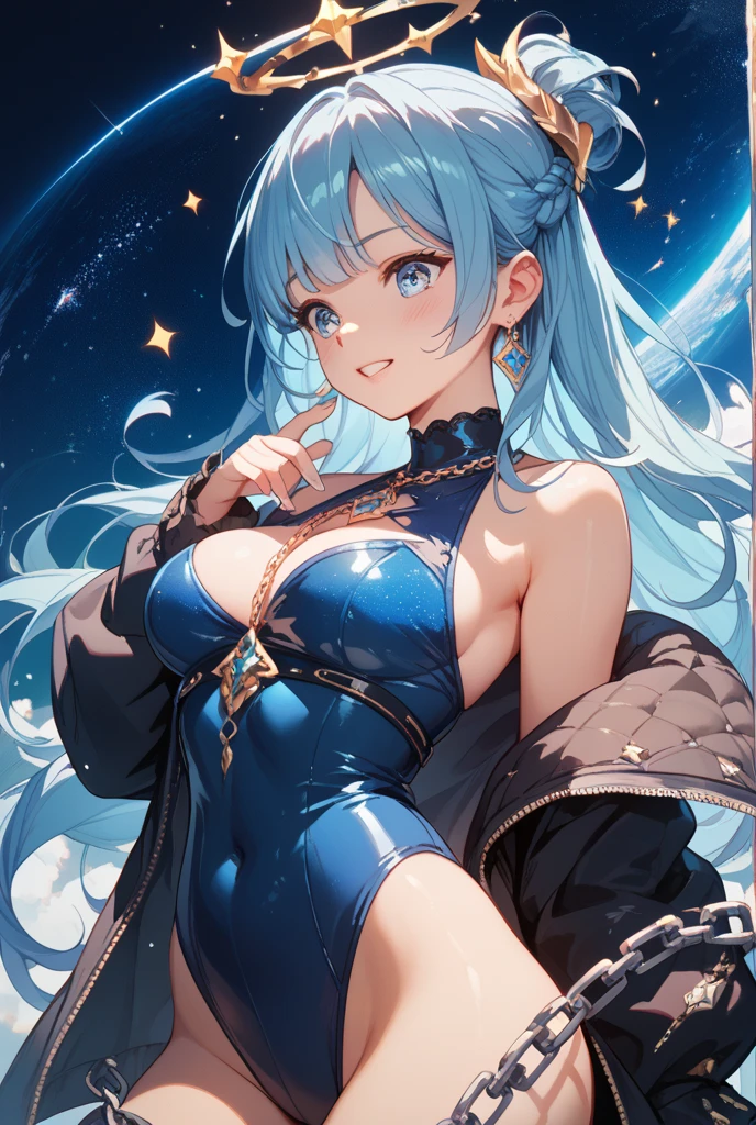 1girl, bright, blonde, light blue eyes, star motif, multicolored hair, princess, saleme, side light, light particles, wallpaper, big, plump, idol, swimsuit, loose fluffy, smile, gentle, clear,
