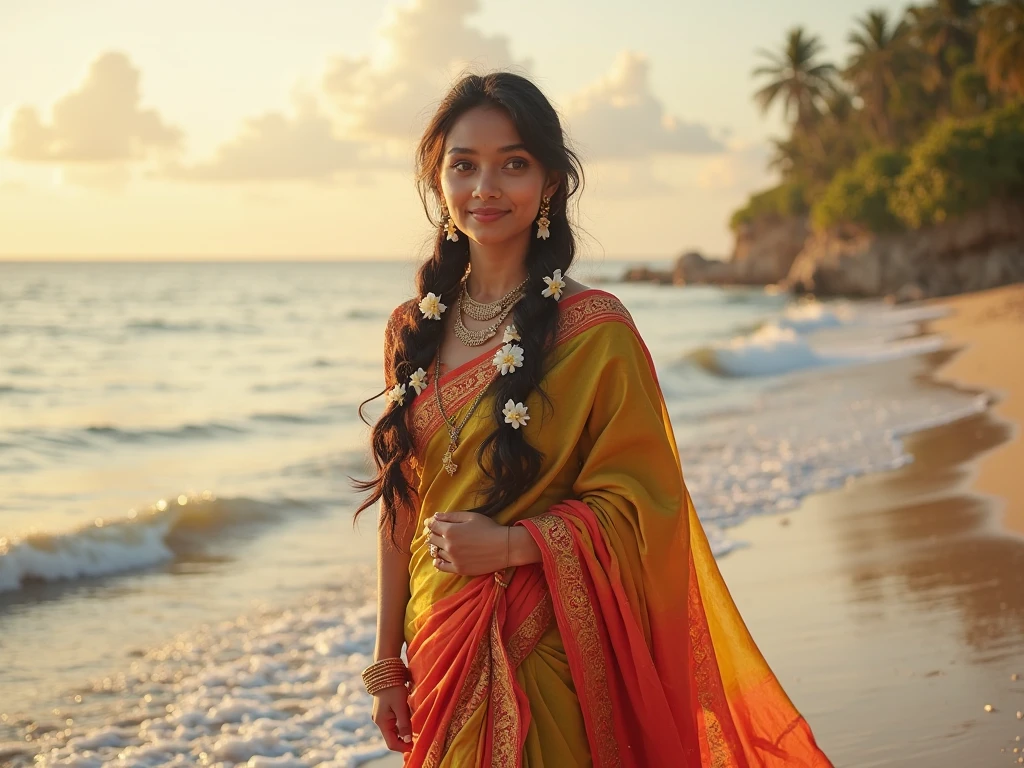 (medium full shot) of (elegant indian princess) young woman, Average build, black hair, hairbun, green eyes, wearing a traditional borla maang tikka, coral salwar kameez set with gotta patti work and tassels , silk mojaris, sheer dupatta, bindi, traditional anklets golden bracelets, set in Beach Bonfire, evening scene with a roaring fire, people gathered around, music playing, stars twinkling above, sound of the ocean , at sunset, woman smiling, ,Masterpiece,best quality, photo, realistic, very aesthetic, detailed face,