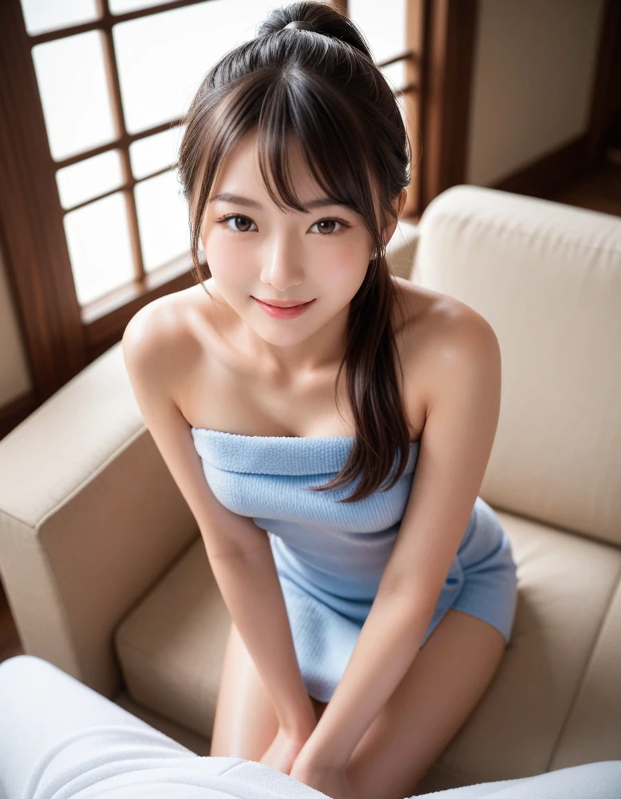 Highest quality、Realistically、Radiant Skin、Japanese women、Early 20s、Gravure idol、university student、One-room apartment、table、Sit on a chair、coffee、morning、Summer loungewear、Good body、Smiling at the camera、