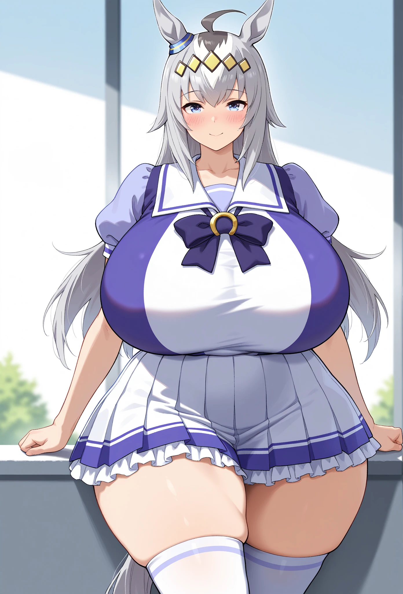 score_9, score_8_up, score_7_up, uncensored, source_anime, 1girl, solo, outdoors, school entrance, mejiro mcqueen \(umamusume\), summer uniform, white thighhighs, loafers, cowboy shot, smile, blush, huge breasts, wide hips, thick thighs, navel, midliff, chubby, plump, curvy, (platinum-blonde hair), sleeveless, bare shoulders,