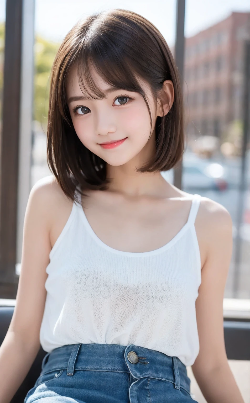 Tabletop, Highest quality, shape, Very detailed, High resolution, 8k wallpaper, Perfect dynamic composition, One Japanese woman,Beautiful and beautiful eyes, Cute eyes,Bob Hair,Natural Lip, white T-shirt,((large shirts)),(see-through nipples:1.2),bustling street,Very fine grain definition,(Round face),beautiful girl,17 years old,Realistic,Tiny bangs,Droopy eyes,A shy smile,Brown Hair,Aligned teeth,Sitting