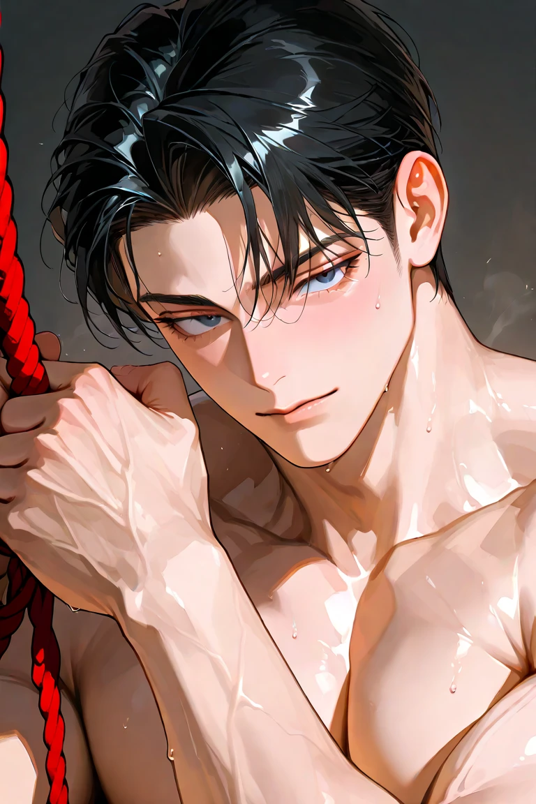 Male 30 years old、boy 18 years old, a couple, Layering your own body. the boy is lying on his back, Hold by Macho Man, Muscular man&#39;s penis is inserted. White cream is spilling from the crack of the butt, Right and left eyes in ecstasy. Very short black hair, blush, Vulgarity, Looking back, Tears, Heavy breathing, Back Style, ((Focus on the boy's face)), Very sweaty, Wet skin, poured excess sperm into my body, nakeness, ((masutepiece, Best Quality)), Realistic, Gekko Ruins,