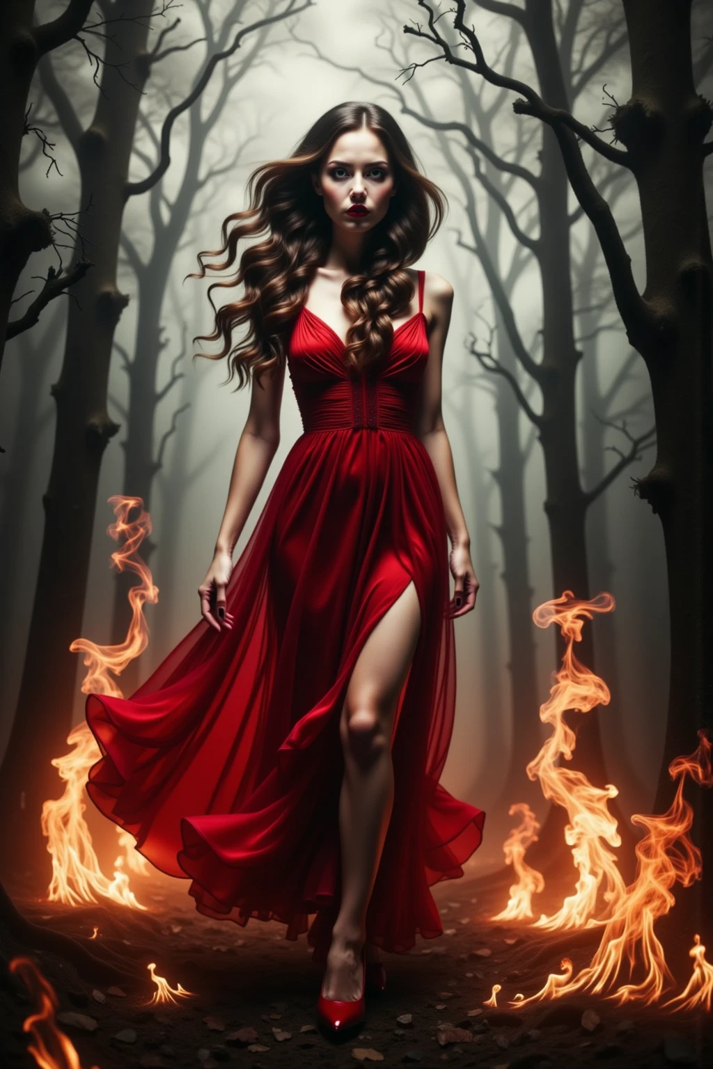 (Extremely detailed 8k wallpaper), a mid shot photo of a powerful sorceress in dark red dress walking in a burning forest at night, complex, highly detailed, and dramatic, 25 years old girl, fit girl, happy:1.2, power pose, powerful, cinematic lighting, fireflies, bokeh, smoke, power field, visible powerful aura, glowing aura:1.2, large breasts, burning grounds, long dark red leather sorceress dress, dark night, trees in flames, burning trees, forest in fire, forest fire