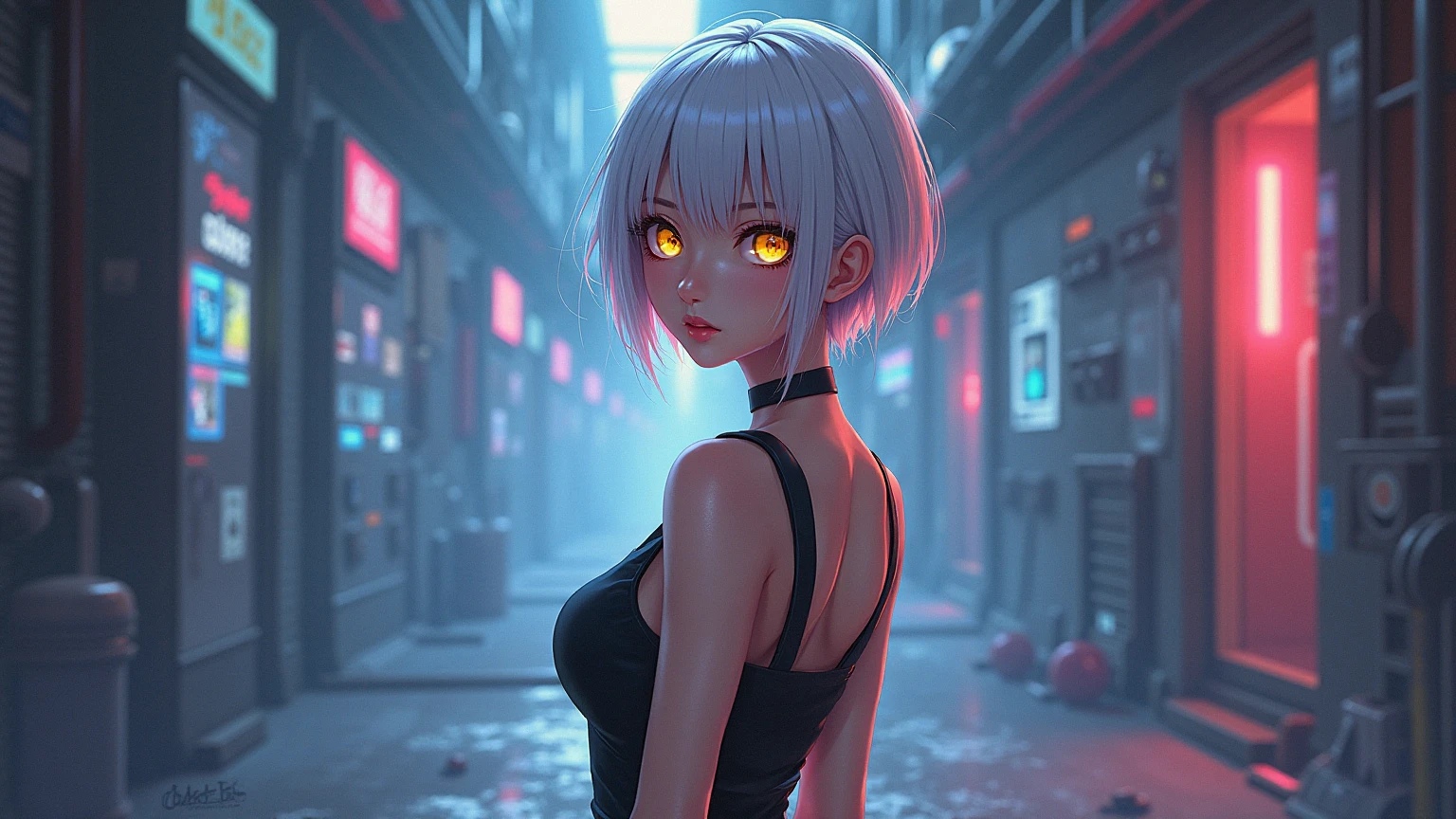1girl, white colored hair, red eyes, Cute haircut, wallpapers, SFW, cyberpunk