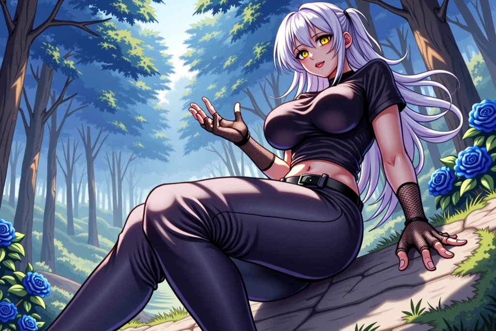 score_9, score_8_up, score_7_up, score_6_up, uncensored, quinella, absurdly long hair, purple eyes, long hair, parted bangs, tongue out, saliva, purple hair, very long hair, hair ornament, horny face, blush face, lips, naughty face, shiny skin, sweating, steaming body, saliva, curvy, voluptuous, heavy breathing, large breasts, detailed body, detailed eyes, w-w-chain, spread arms, messy hair, white shirt, jeans pants, dungeon, best quality, best res, 4K UHD,