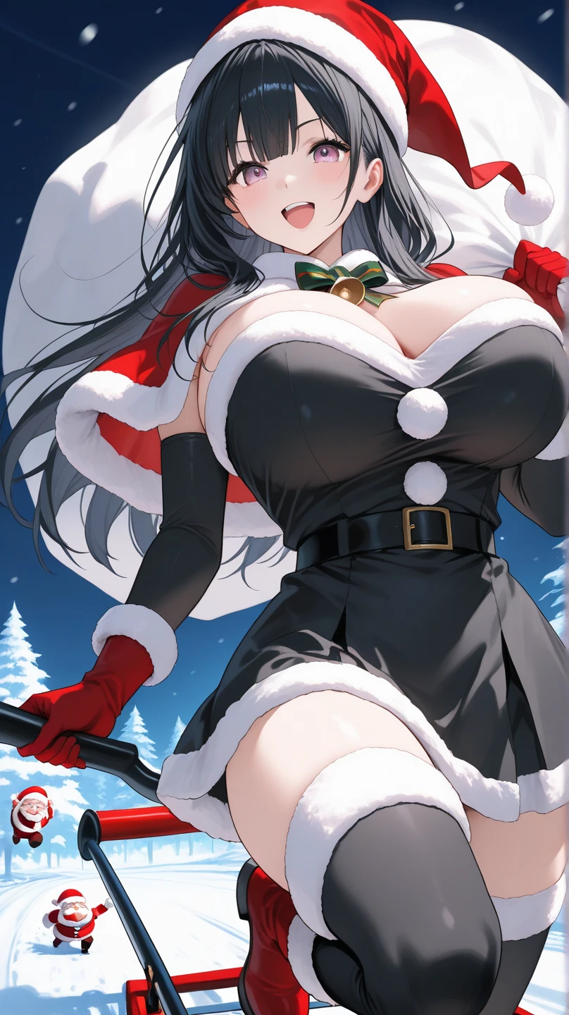Top resolution、 Top image quality、 ​masterpiece、 8K、 (((One Woman)))、(((24 year old)))、 ssmile、red blush、  (((5 head body、pretty pose、 large full breasts、sparkly eyes、Light in the eyes)))、、 (((Beautie)))、(((Black Santa)))、 Wearing a cloak、skirt by the、((Long tights))、 thighs thighs thighs thighs、In the city、night sky full of stars、Christmas、Falling snow、Dating、Christmas present、Refers to 5、